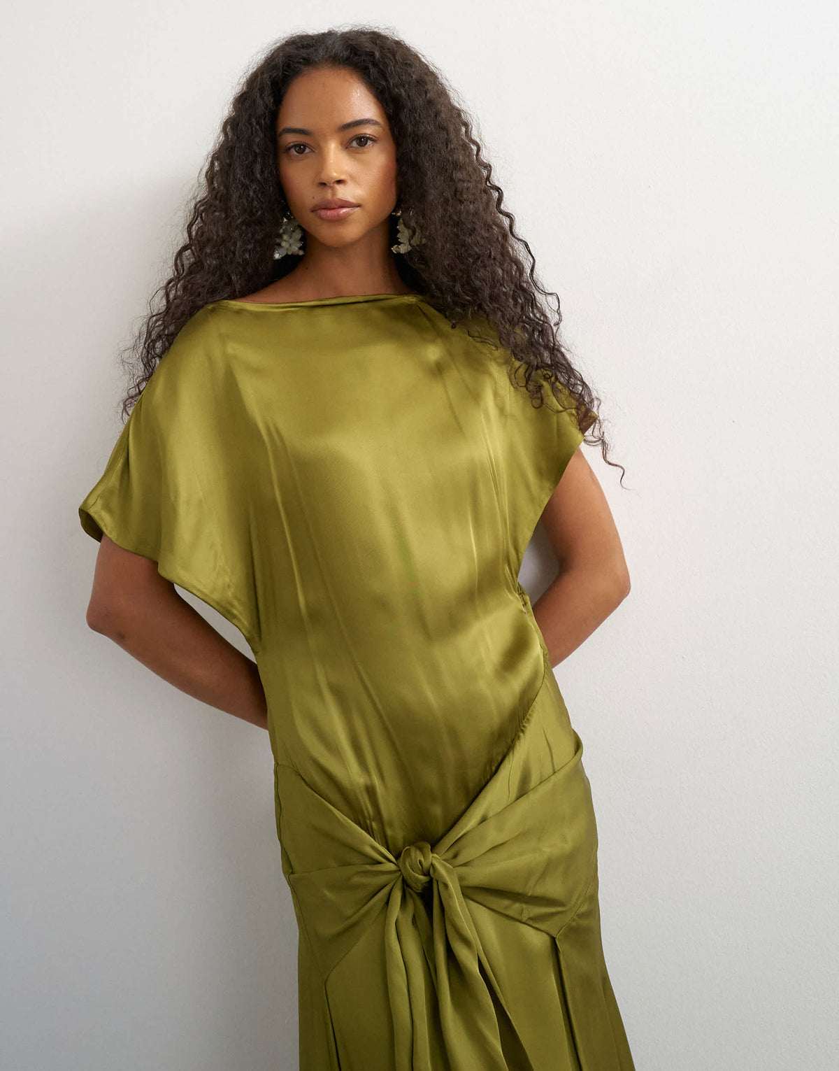 Topshop premium viscose satin dropped tie waist maxi dress in olive