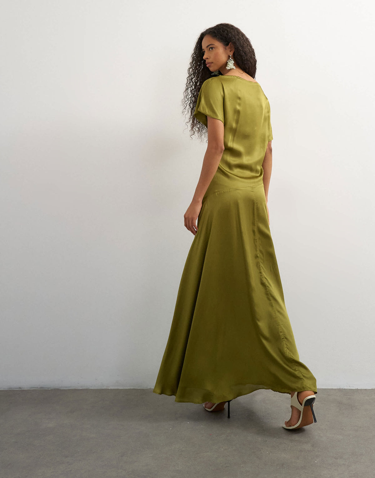 Topshop premium viscose satin dropped tie waist maxi dress in olive
