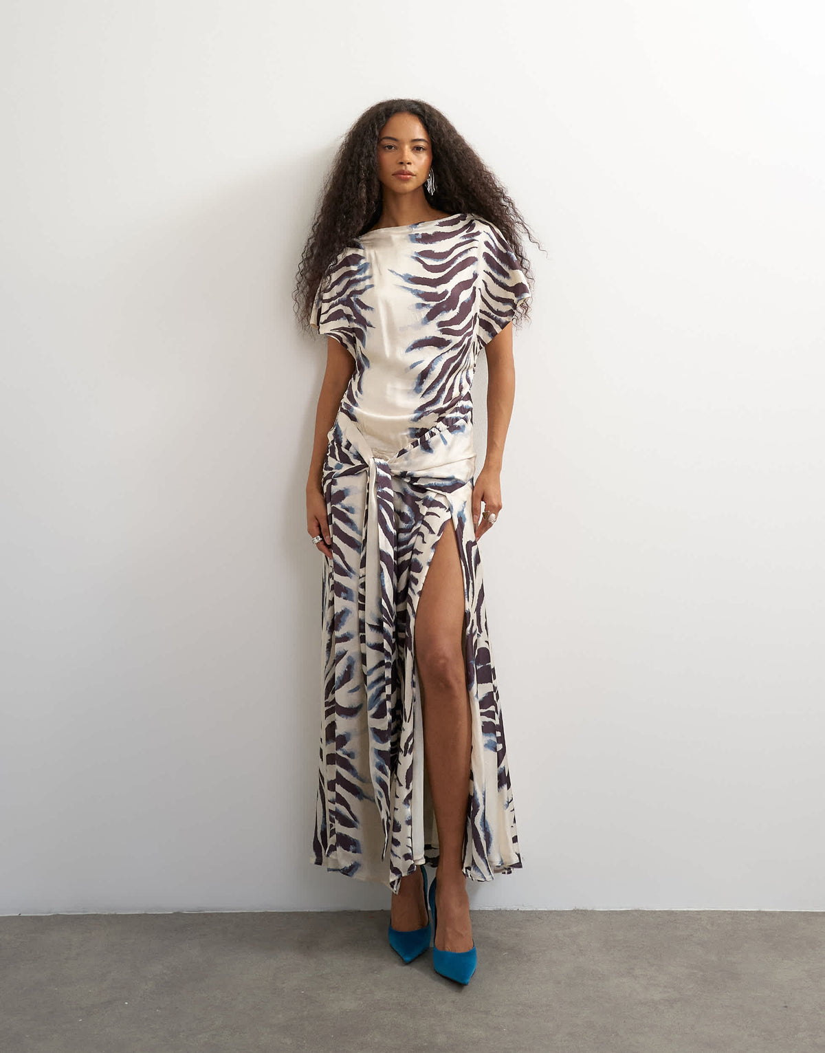 Topshop premium viscose satin dropped tie waist maxi dress in mono zebra