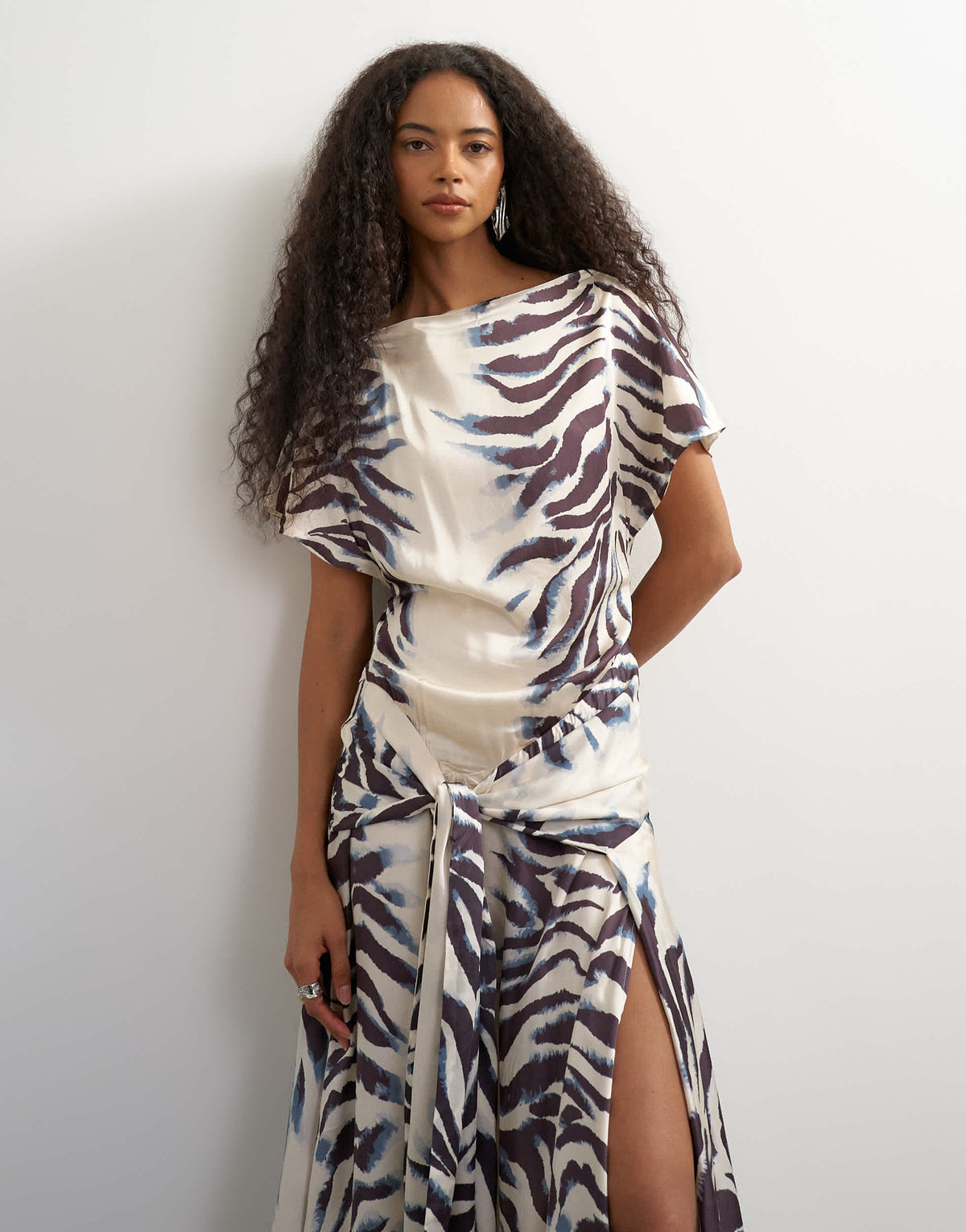 Topshop premium viscose satin dropped tie waist maxi dress in mono zebra