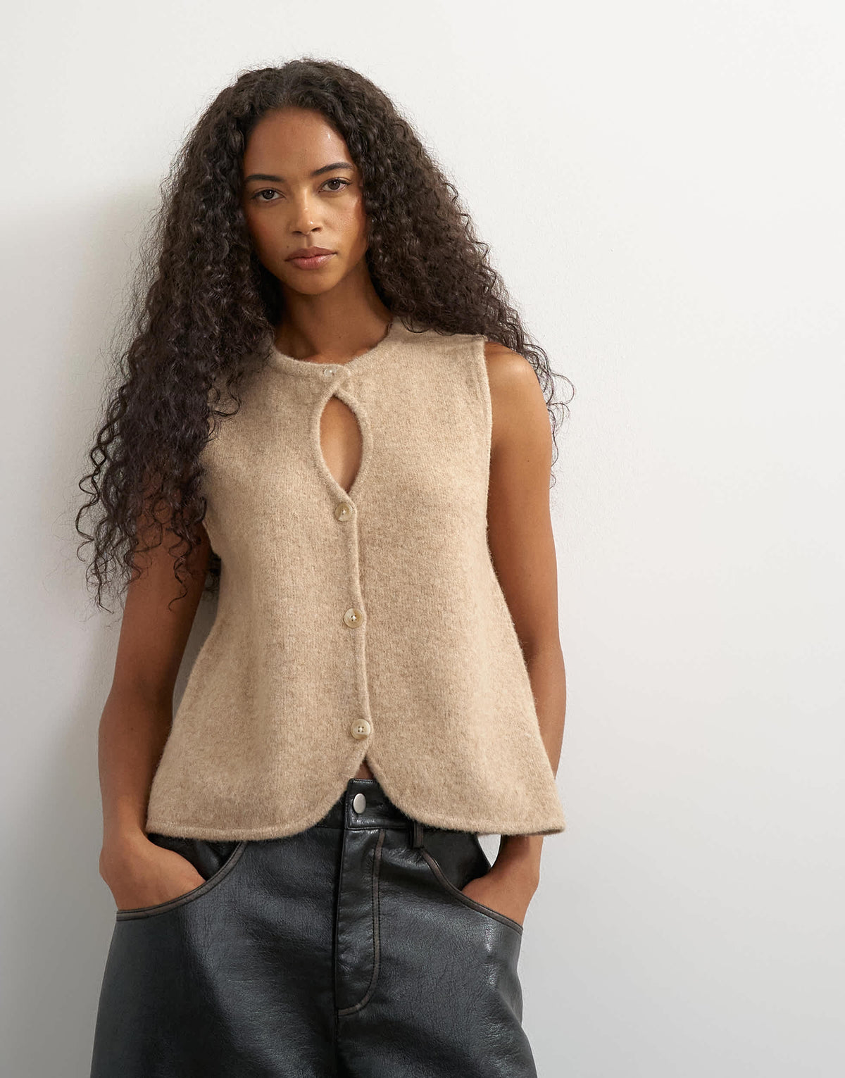 Topshop knitted key hole tank top in stone