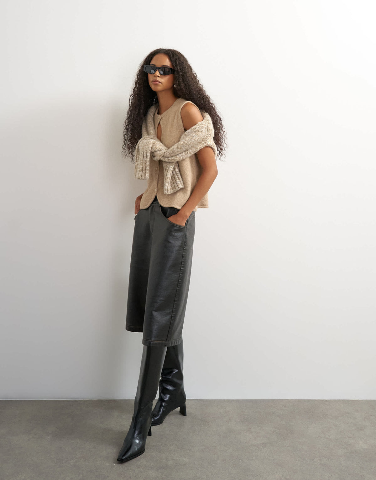 Topshop knitted key hole tank top in stone