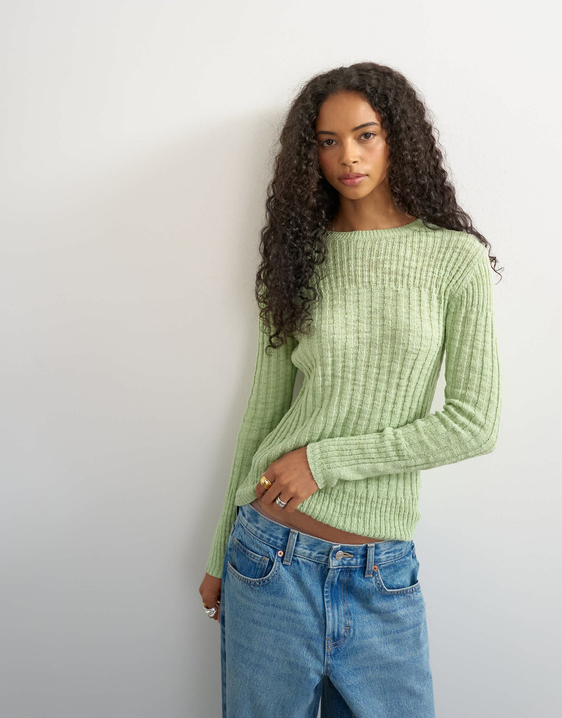 Topshop knitted long sleeve slim fit crew neck ribbed top in pistachio