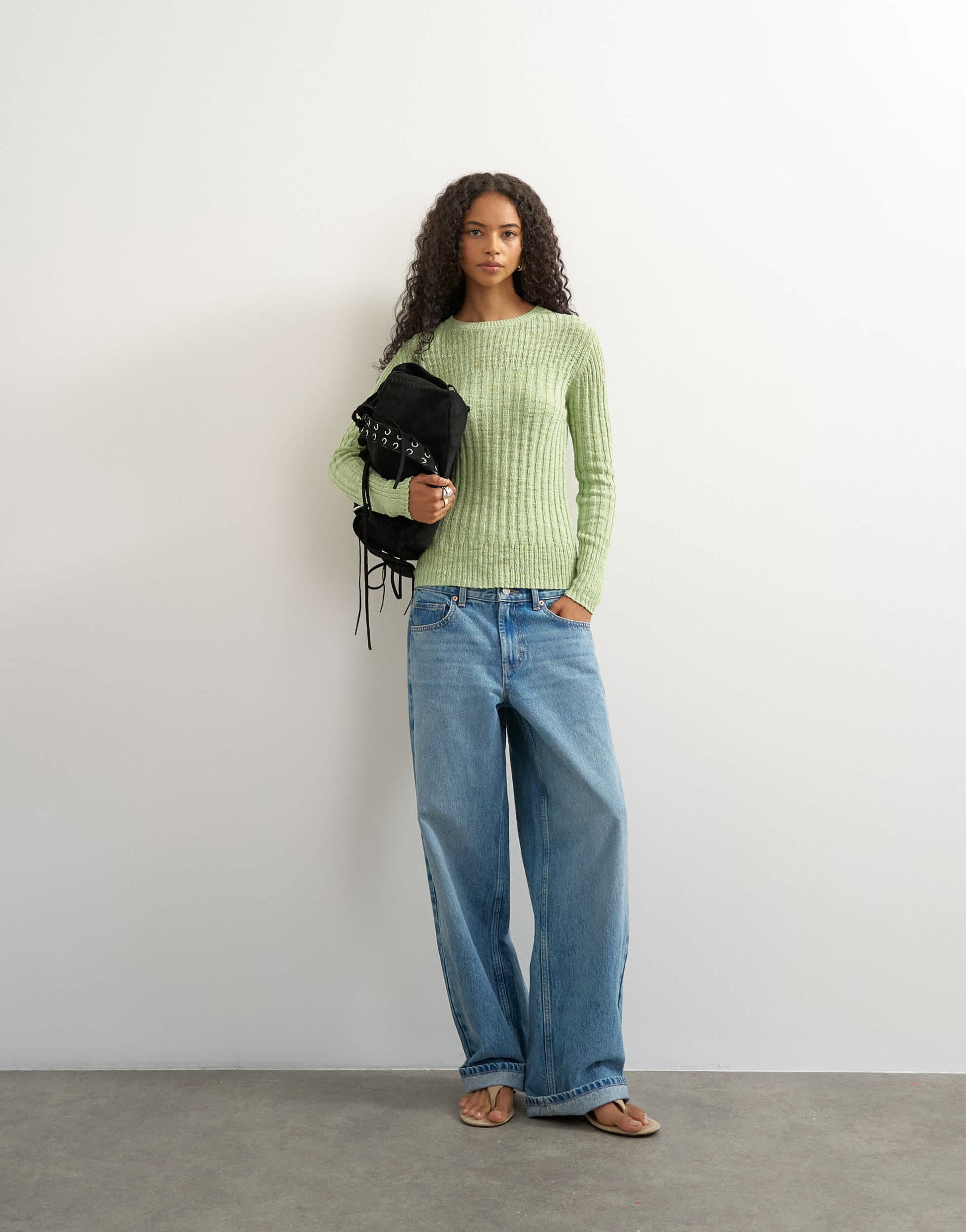 Topshop knitted long sleeve slim fit crew neck ribbed top in pistachio