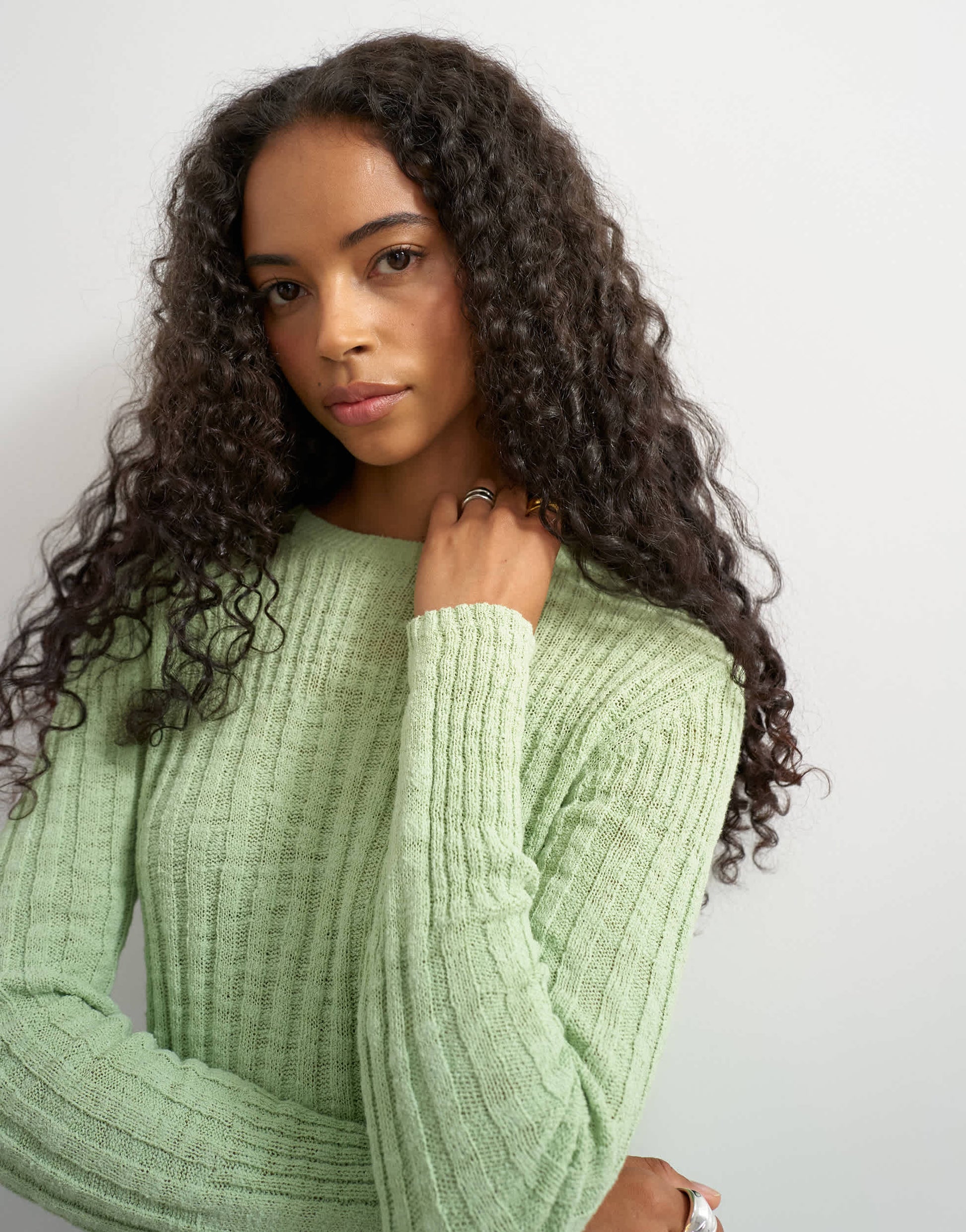 Topshop knitted long sleeve slim fit crew neck ribbed top in pistachio