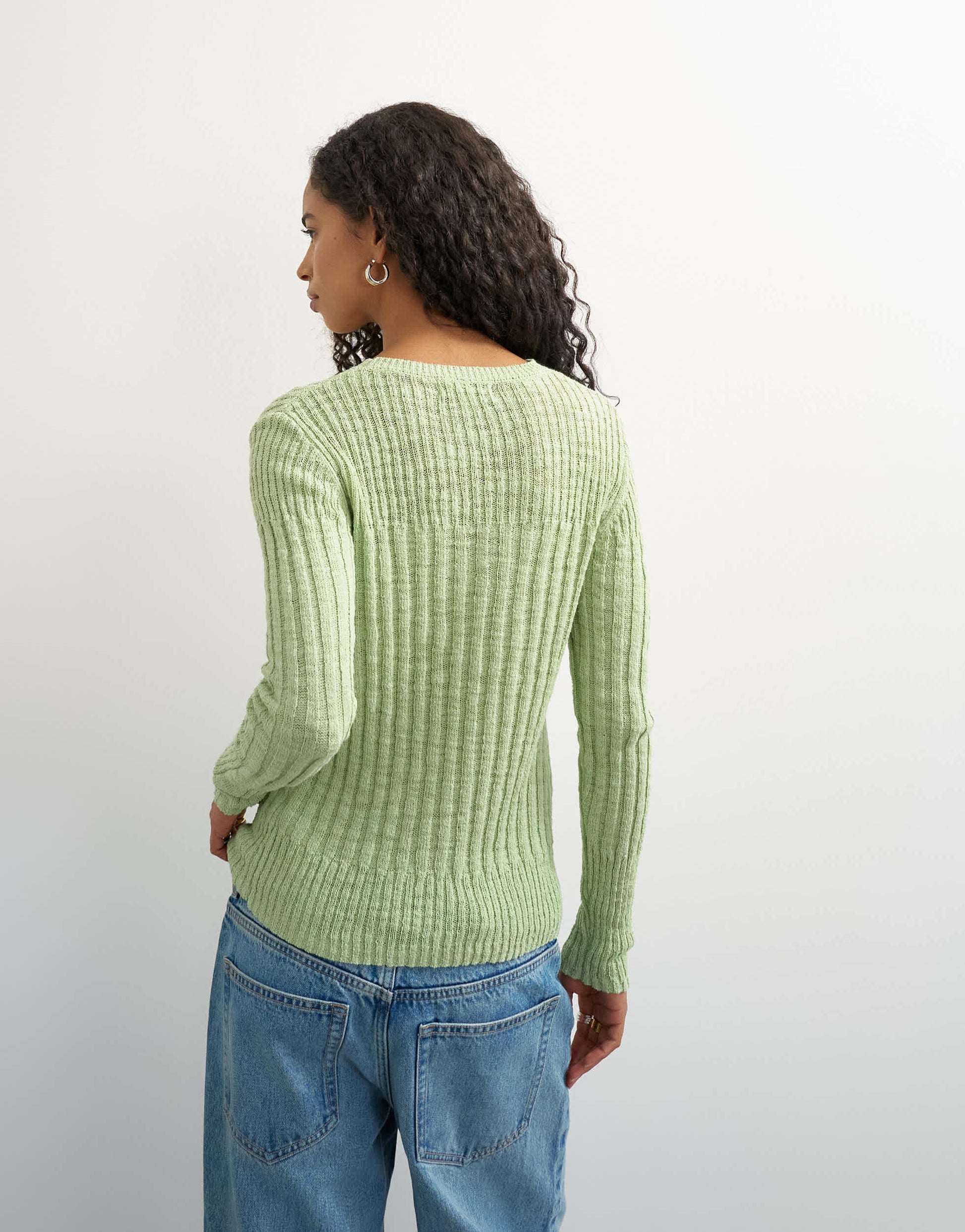 Topshop knitted long sleeve slim fit crew neck ribbed top in pistachio