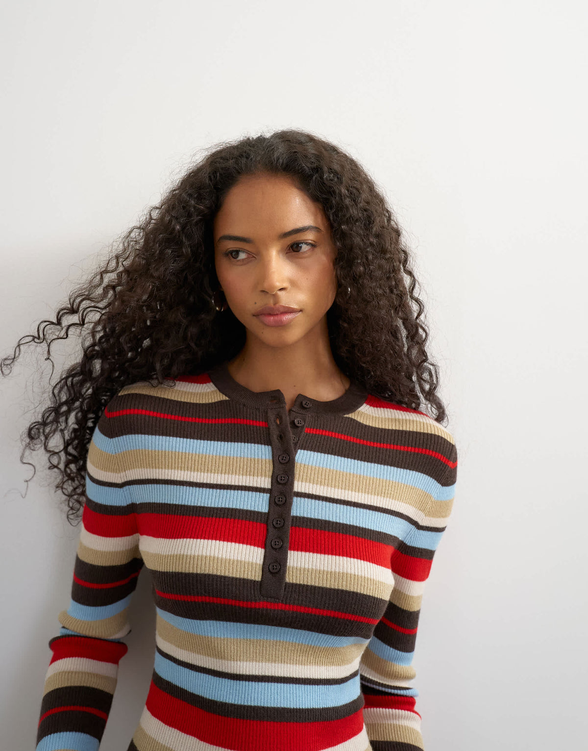 Topshop knitted wool blend henley long sleeve top in multi stripe