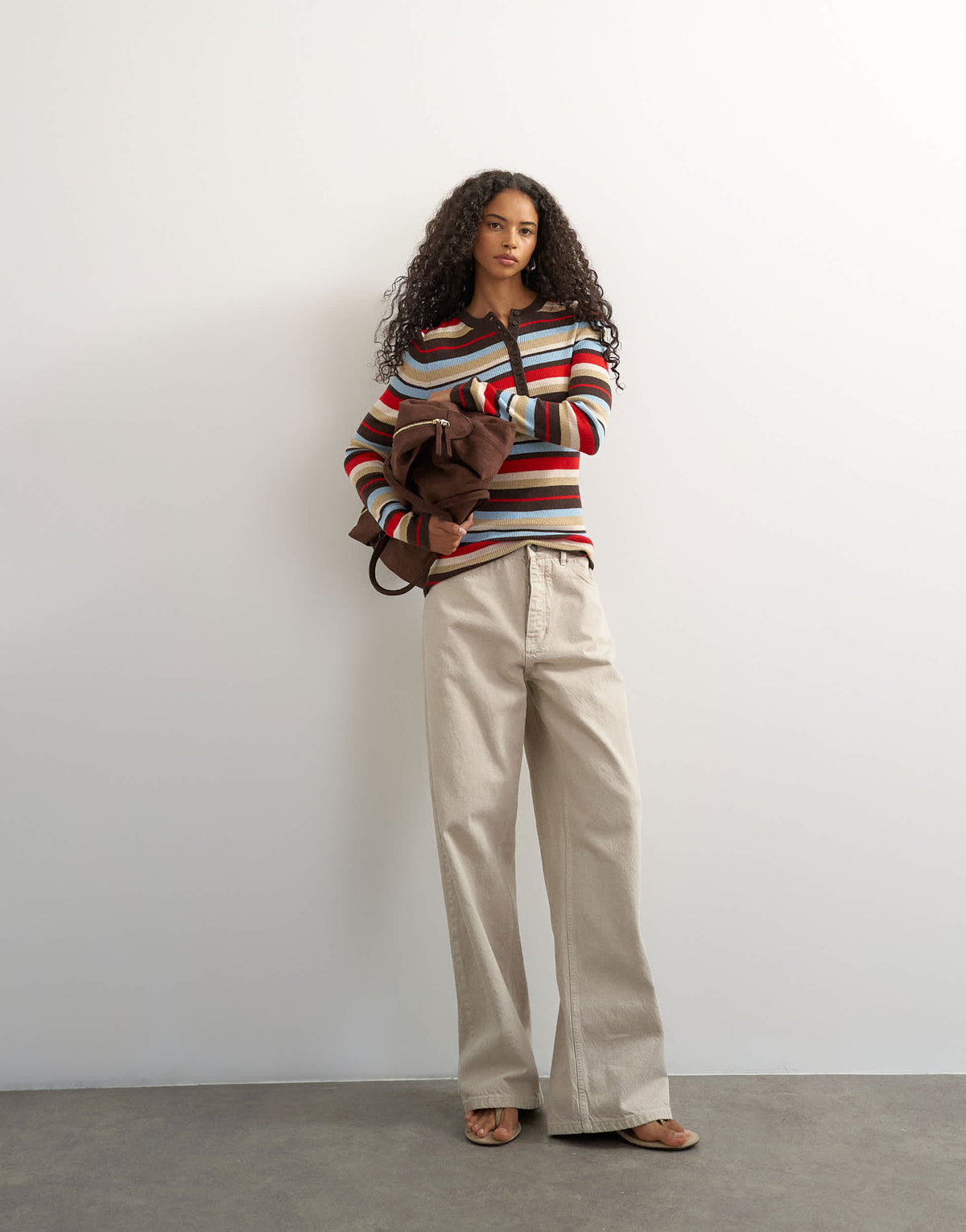 Topshop knitted wool blend henley long sleeve top in multi stripe