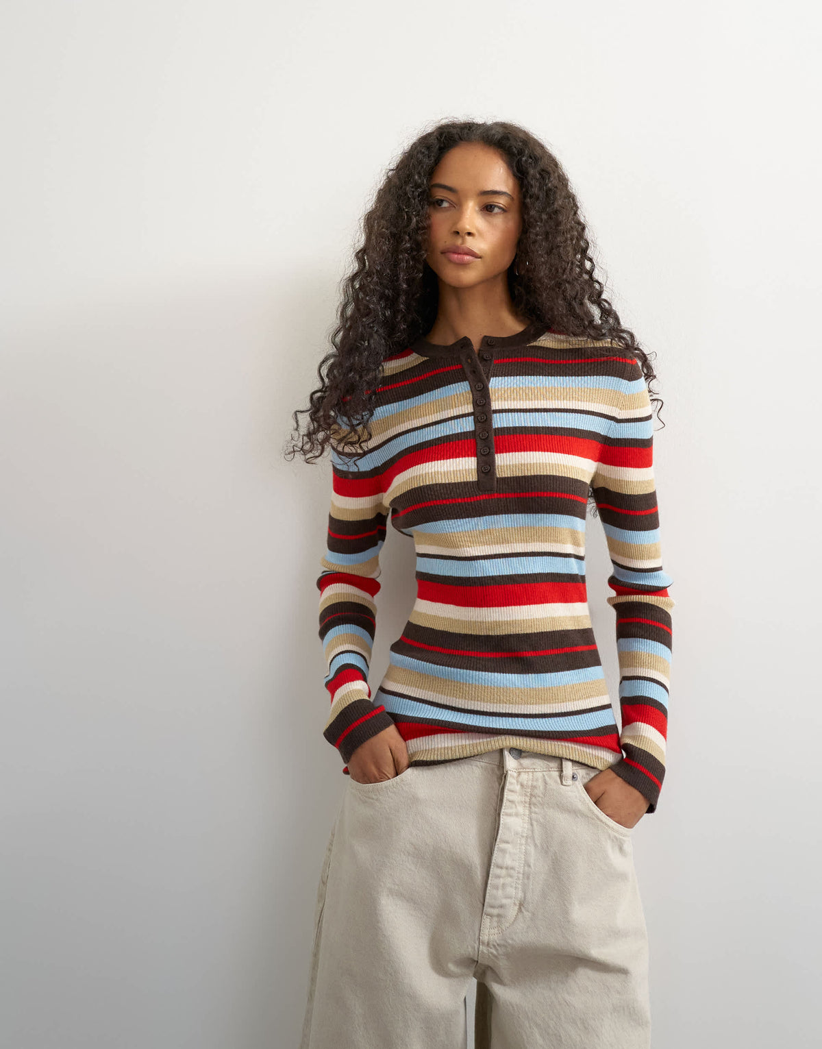 Topshop knitted wool blend henley long sleeve top in multi stripe
