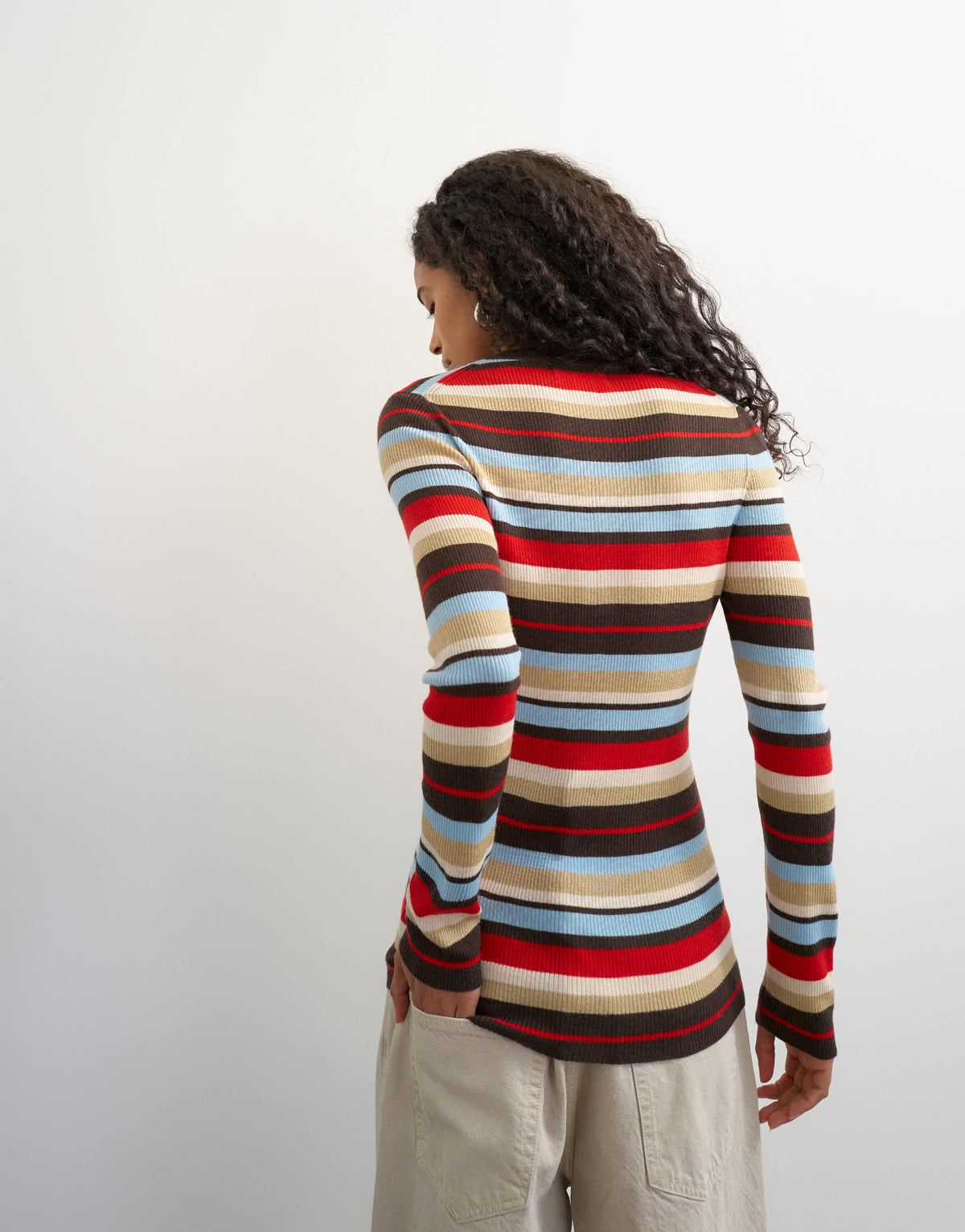 Topshop knitted wool blend henley long sleeve top in multi stripe