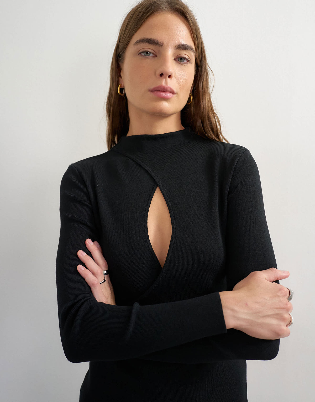 Topshop knitted long sleeve front drape keyhole top in black