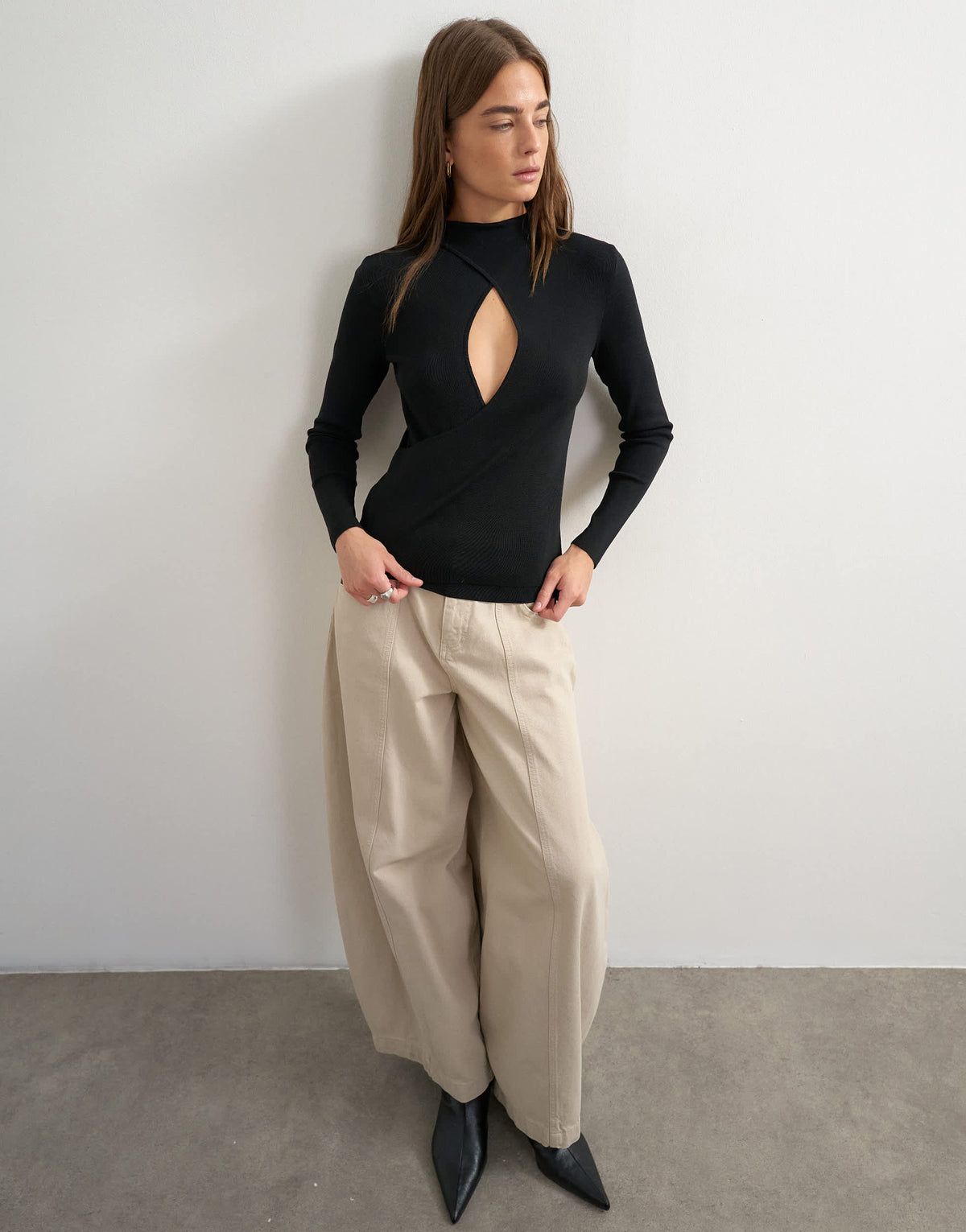 Topshop knitted long sleeve front drape keyhole top in black