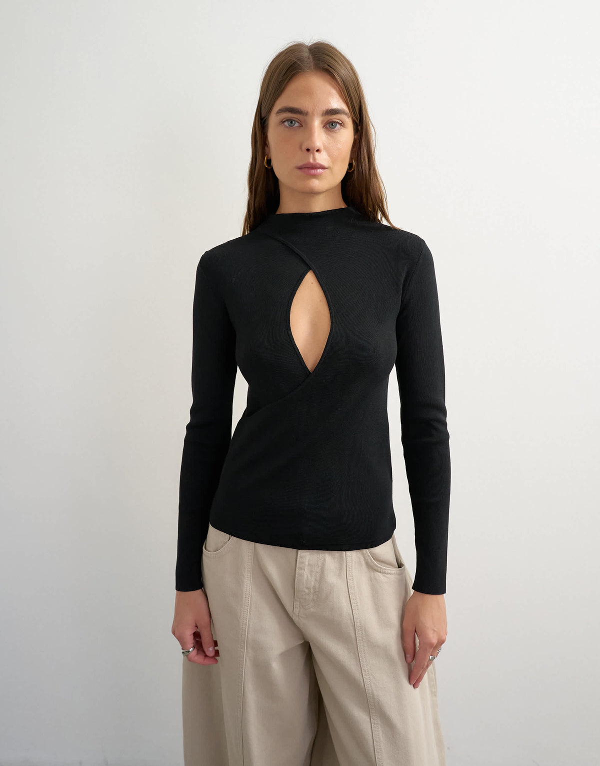 Topshop knitted long sleeve front drape keyhole top in black