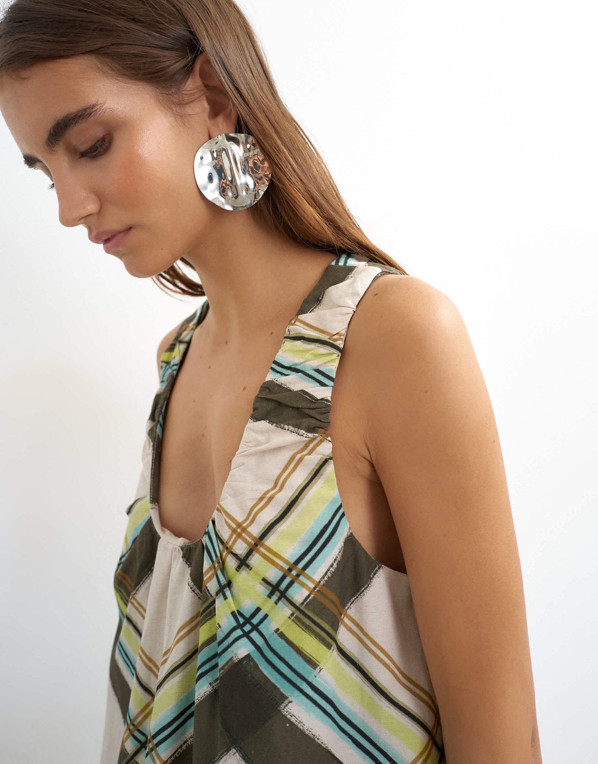 Topshop ruched neck mini dress in multi check print