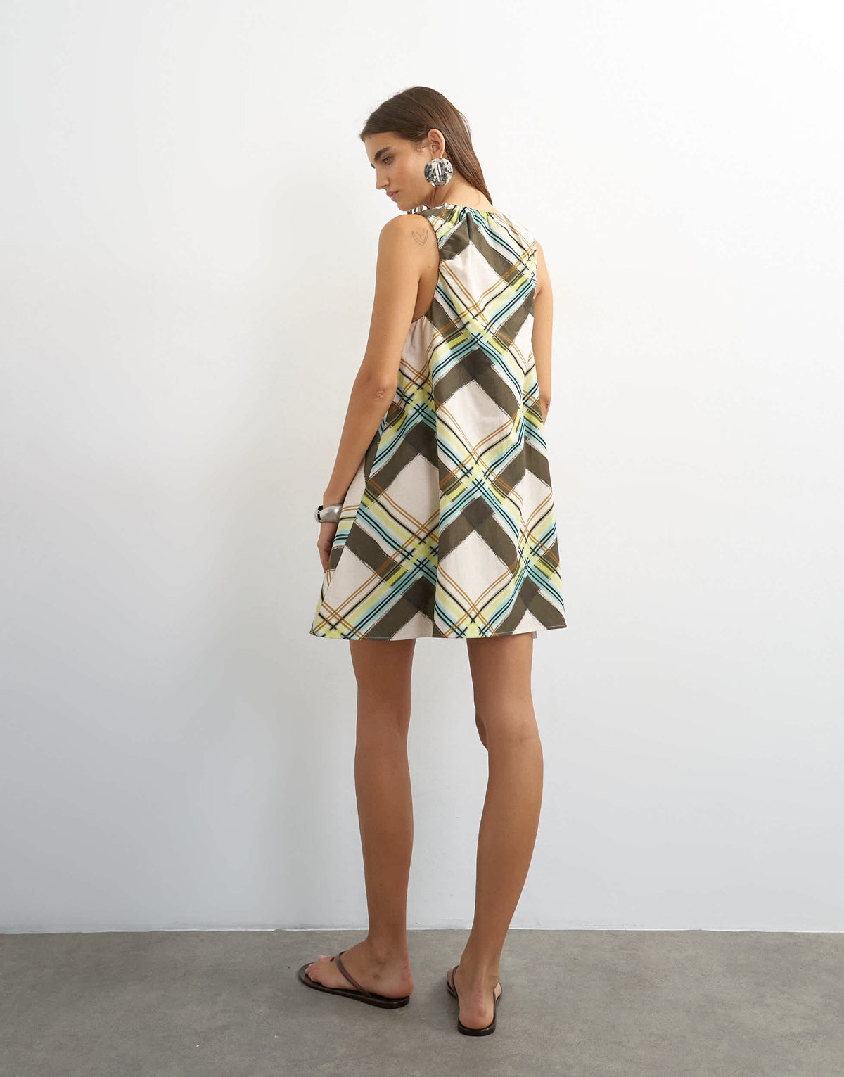 Topshop ruched neck mini dress in multi check print