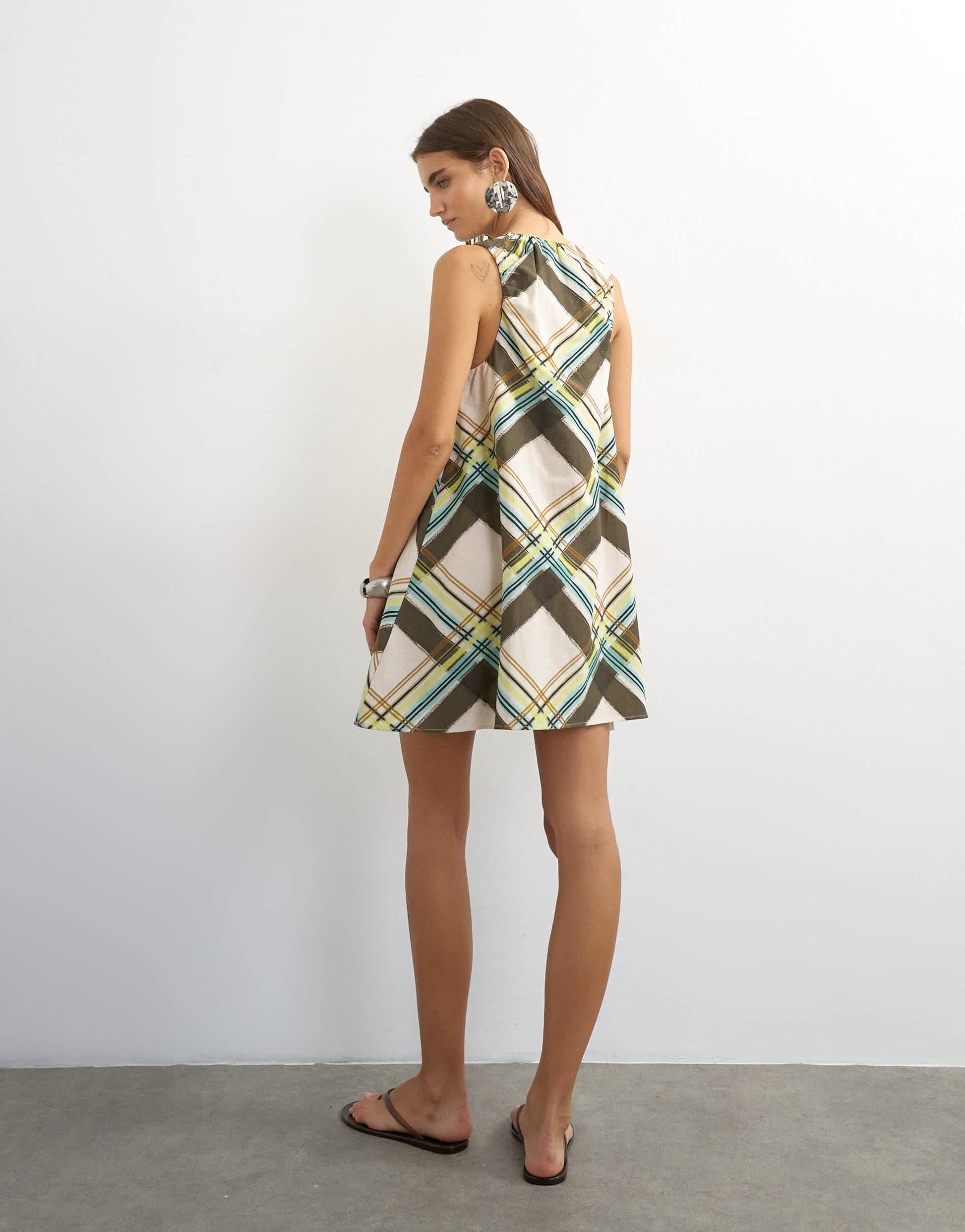 Topshop ruched neck mini dress in multi check print
