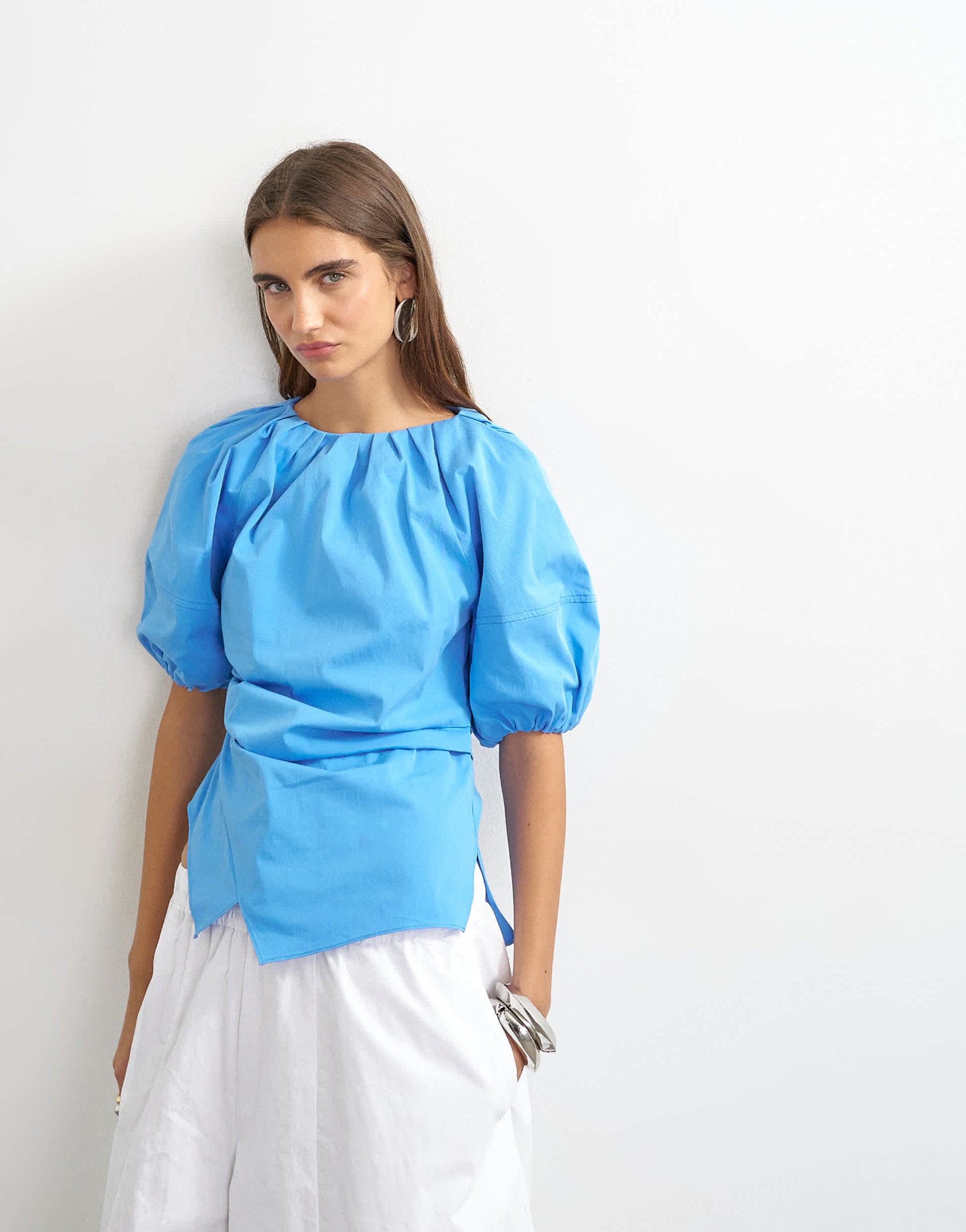 Topshop puff sleeve wrap hem detail top in cornflower blue