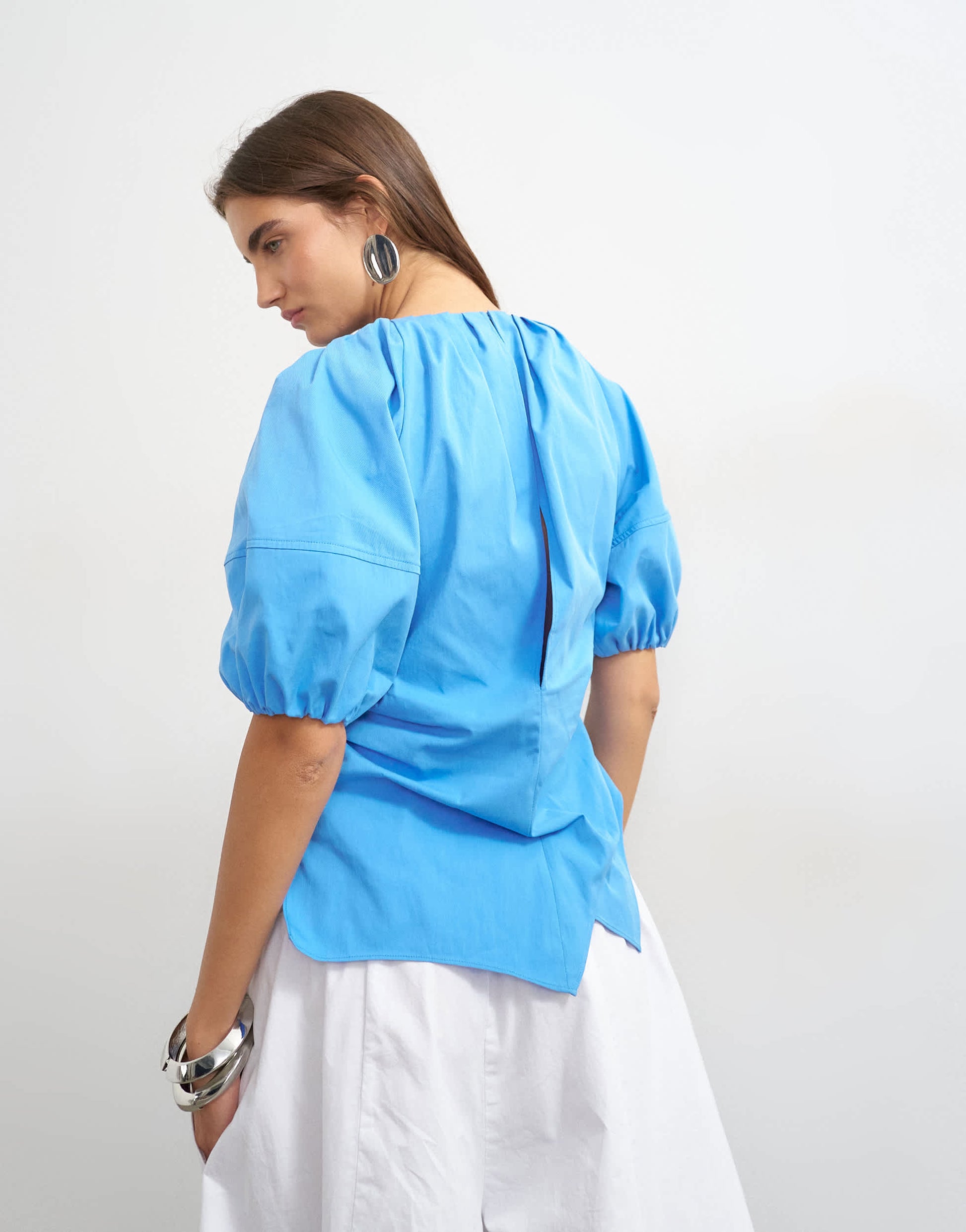 Topshop puff sleeve wrap hem detail top in cornflower blue