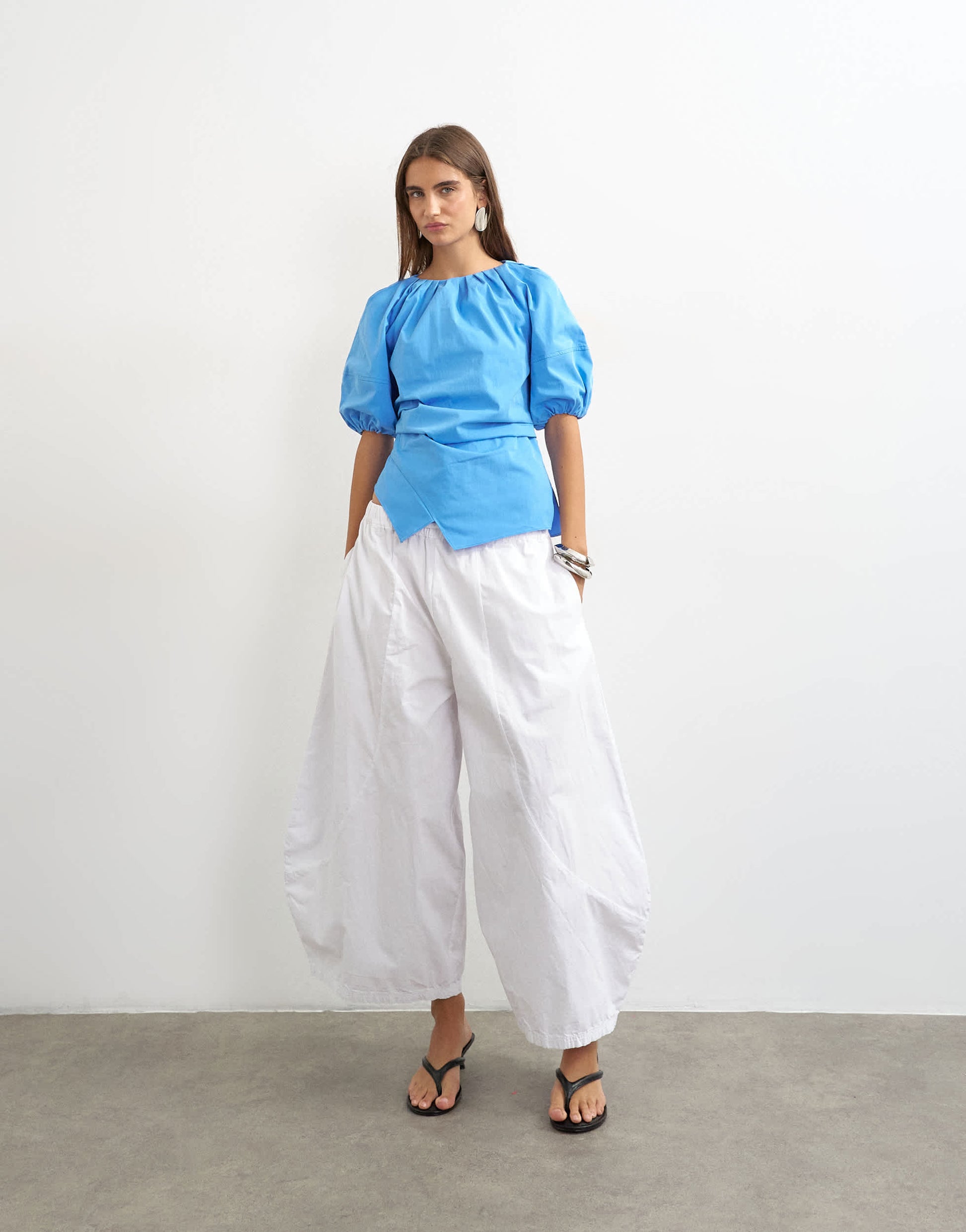 Topshop puff sleeve wrap hem detail top in cornflower blue