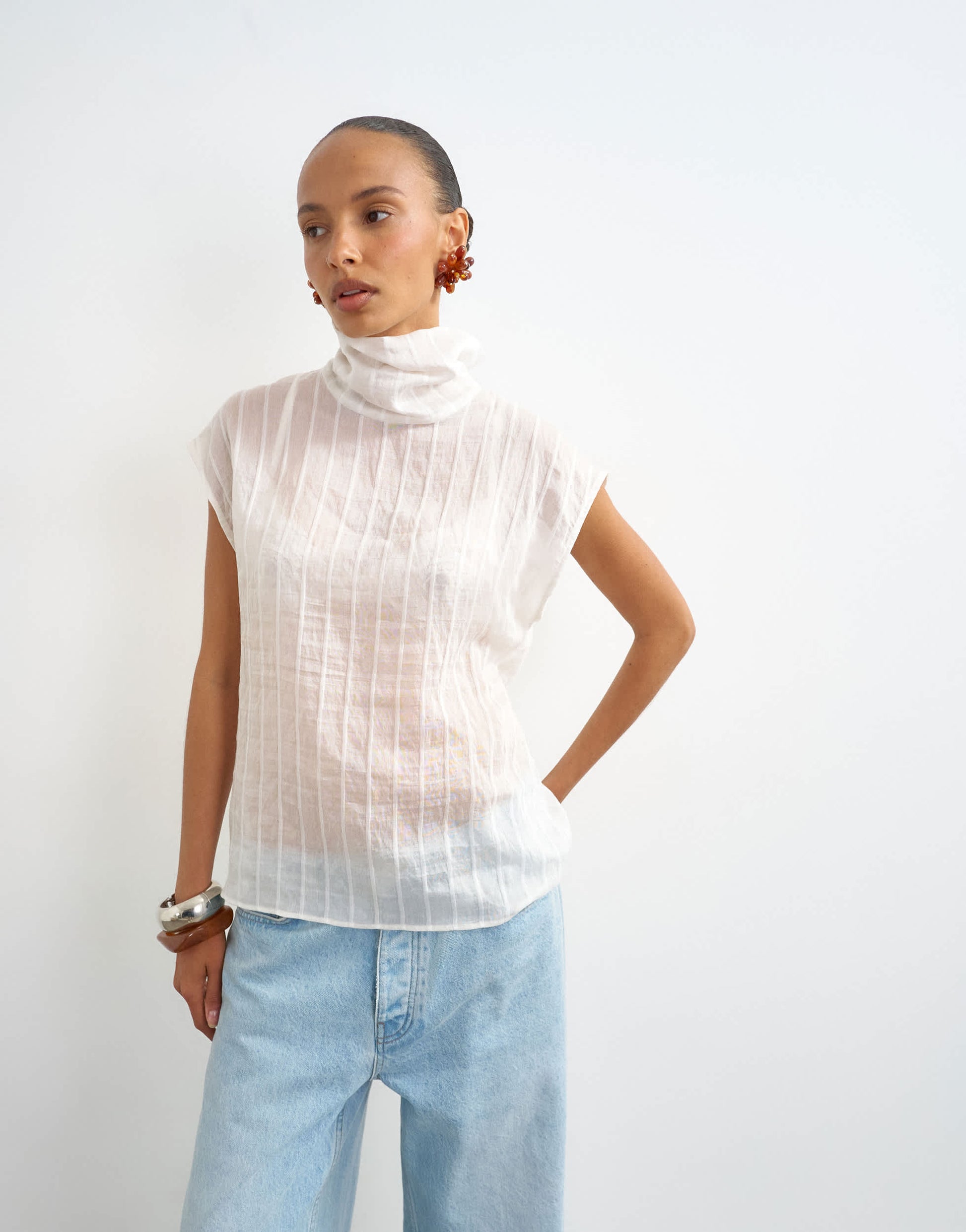 Topshop funnel neck sleeveless top in ivory stripe