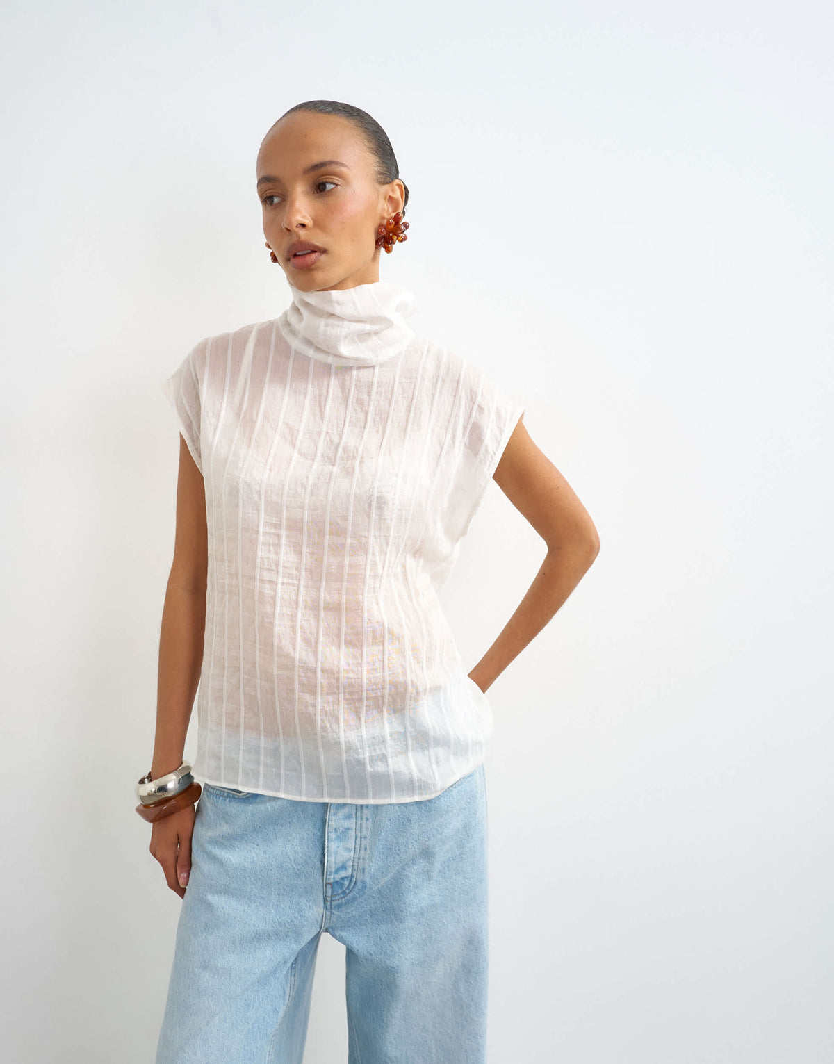 Topshop funnel neck sleeveless top in ivory stripe