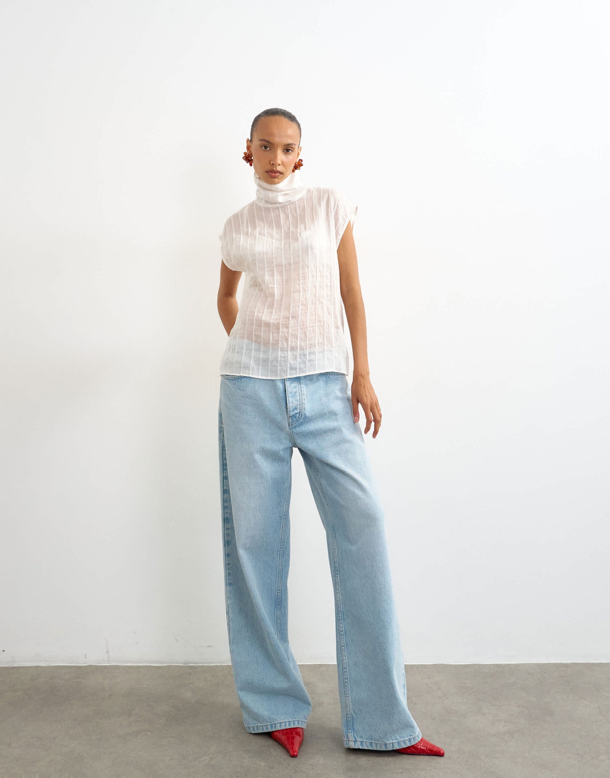 Topshop funnel neck sleeveless top in ivory stripe