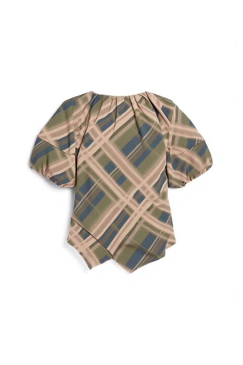Topshop puff sleeve wrap hem detail top in green check