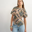 Topshop puff sleeve wrap hem detail top in green check