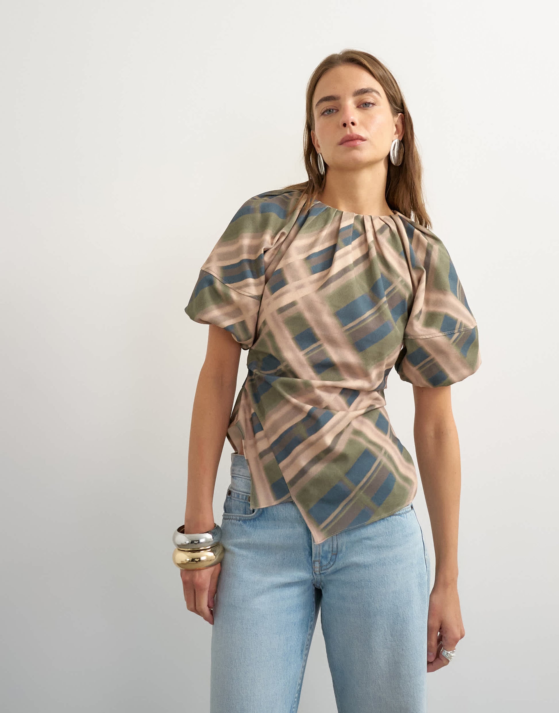 Topshop puff sleeve wrap hem detail top in green check