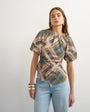 Topshop puff sleeve wrap hem detail top in green check