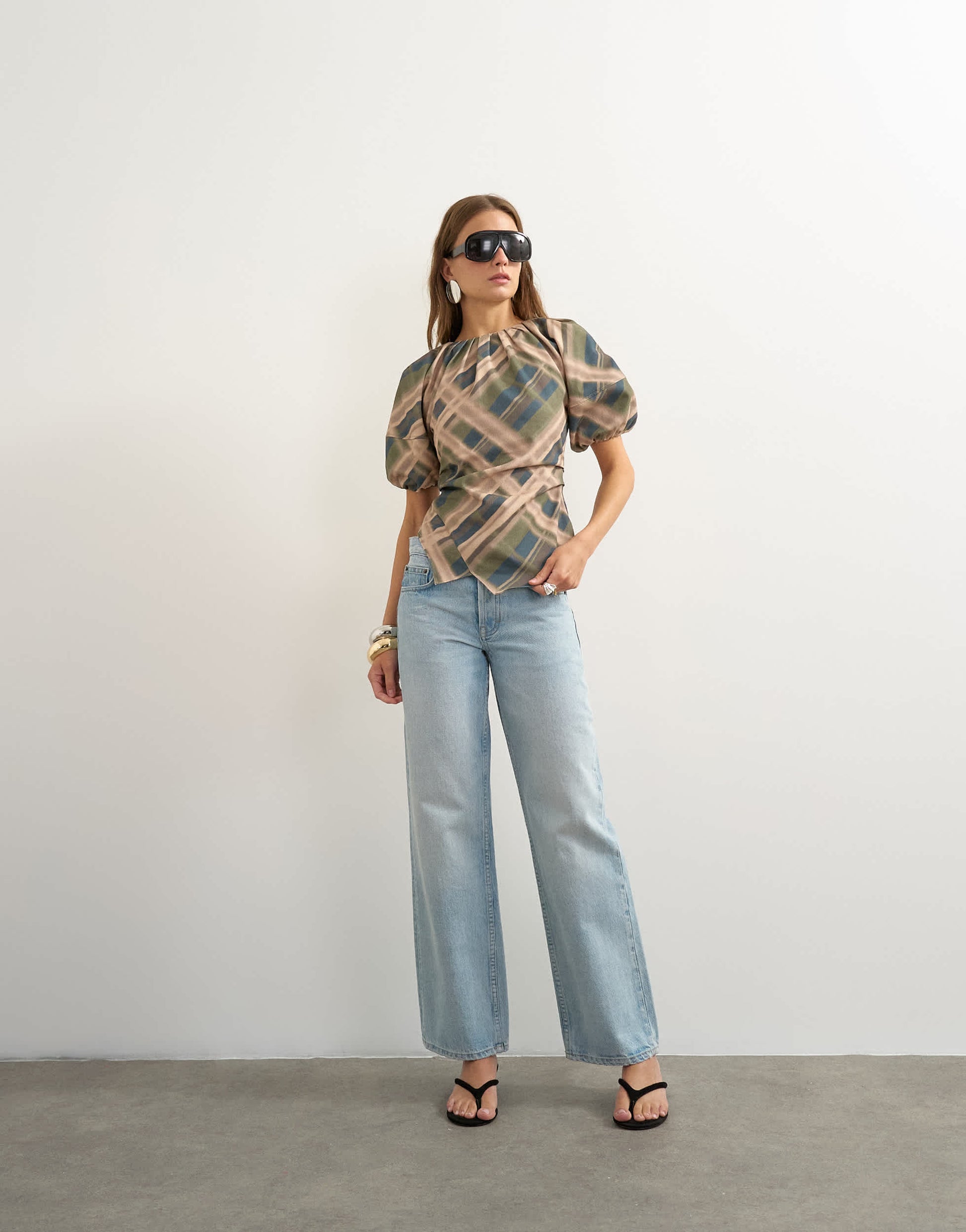 Topshop puff sleeve wrap hem detail top in green check