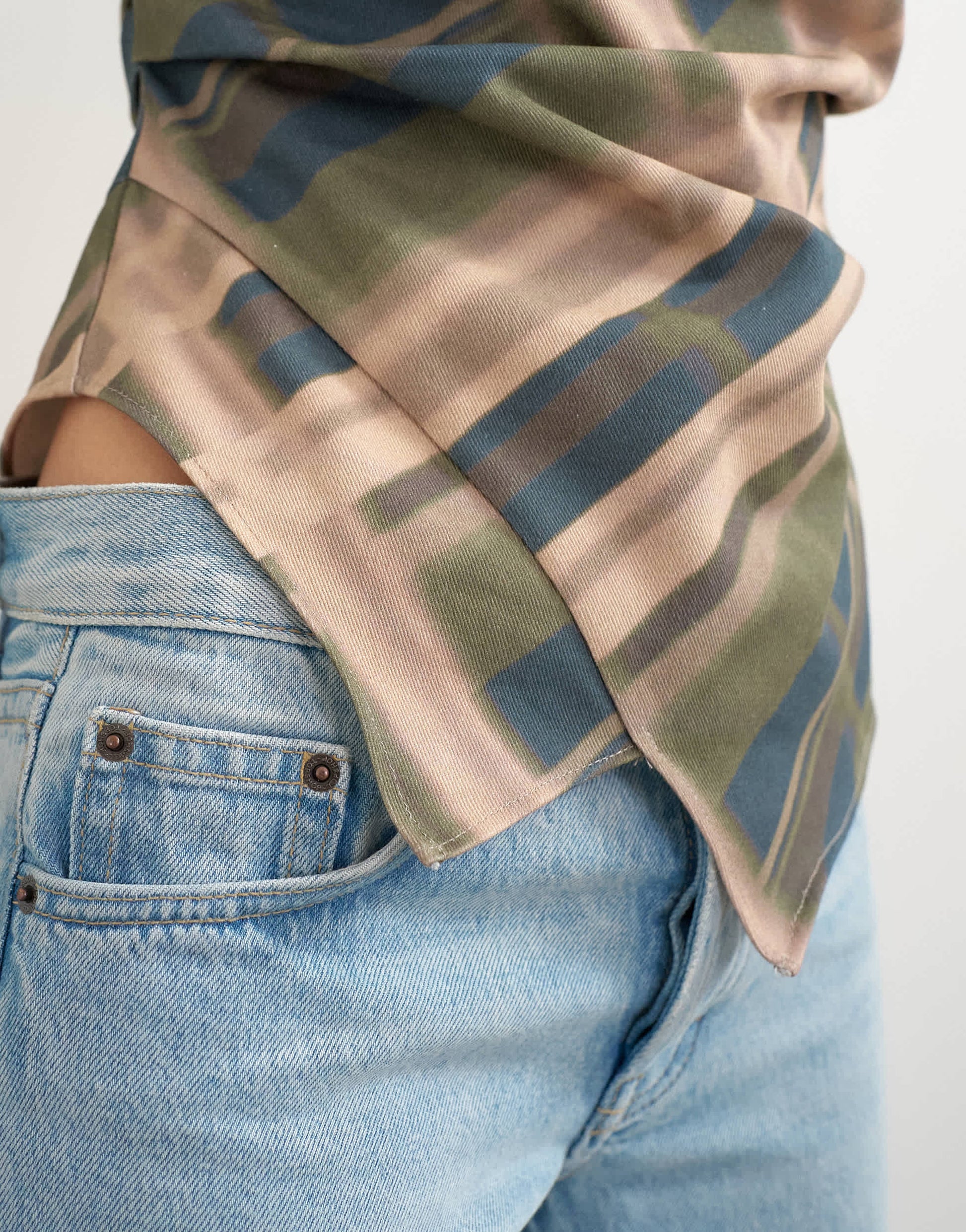 Topshop puff sleeve wrap hem detail top in green check