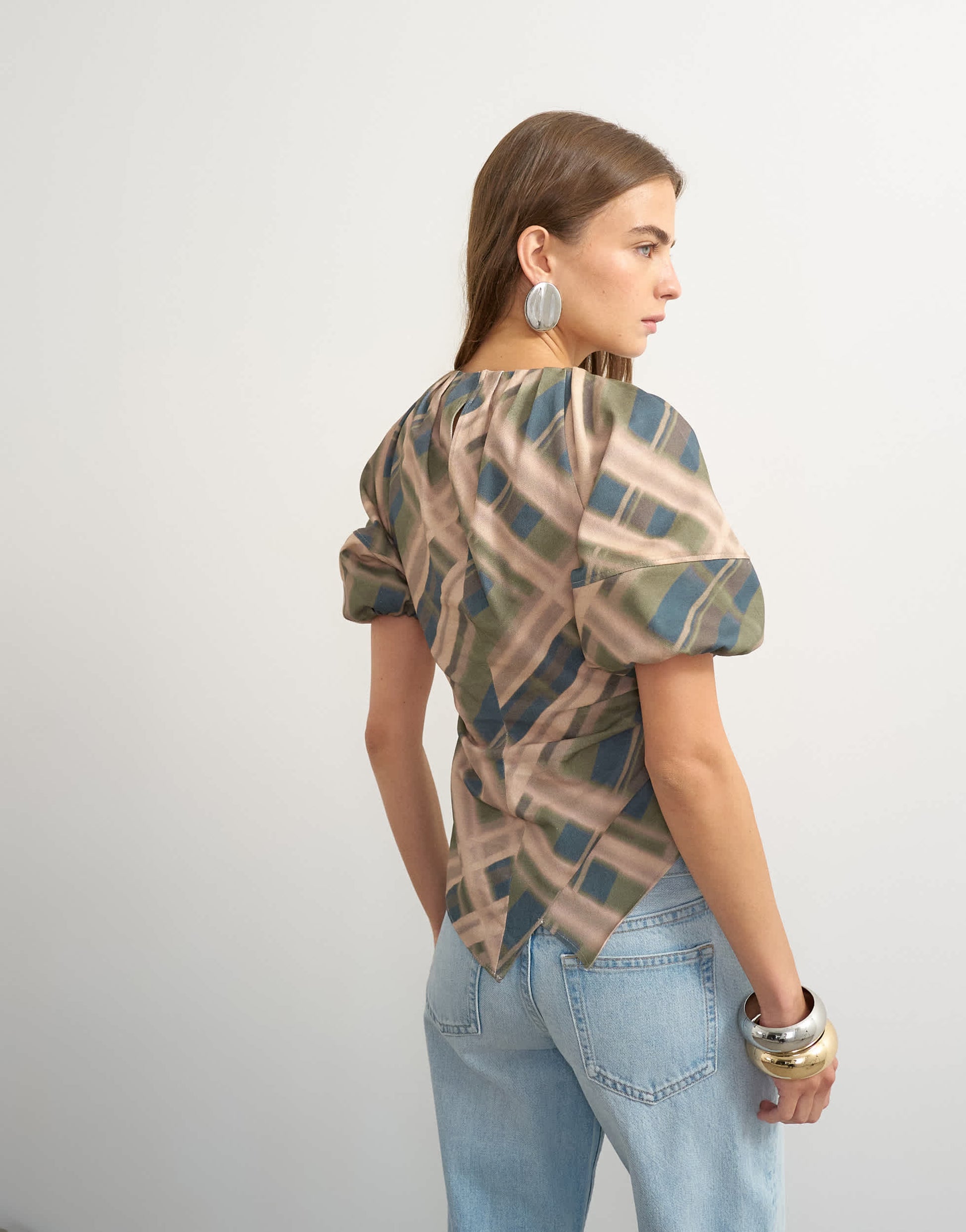 Topshop puff sleeve wrap hem detail top in green check