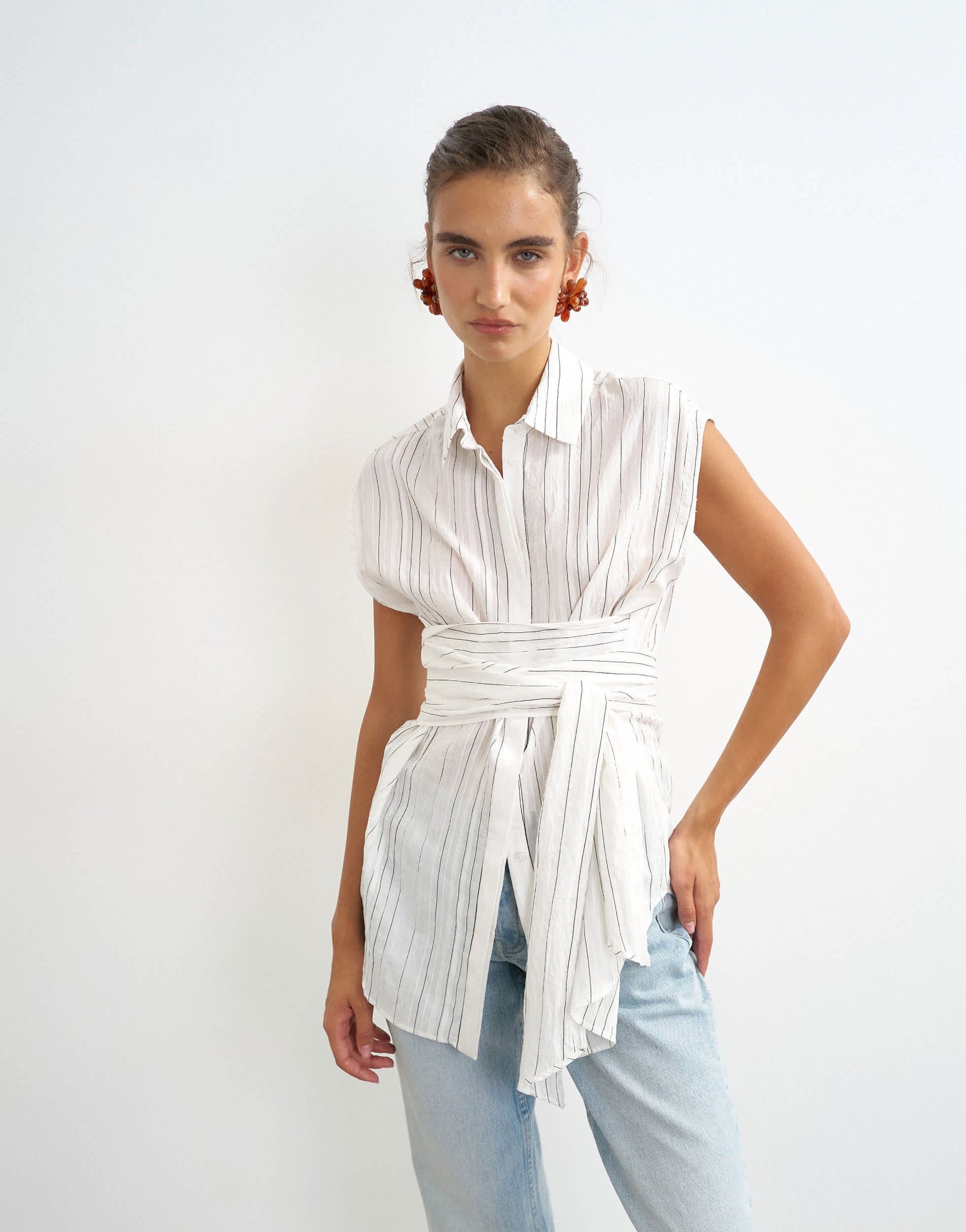 Topshop tie waist sleeveless shirt in white stripe