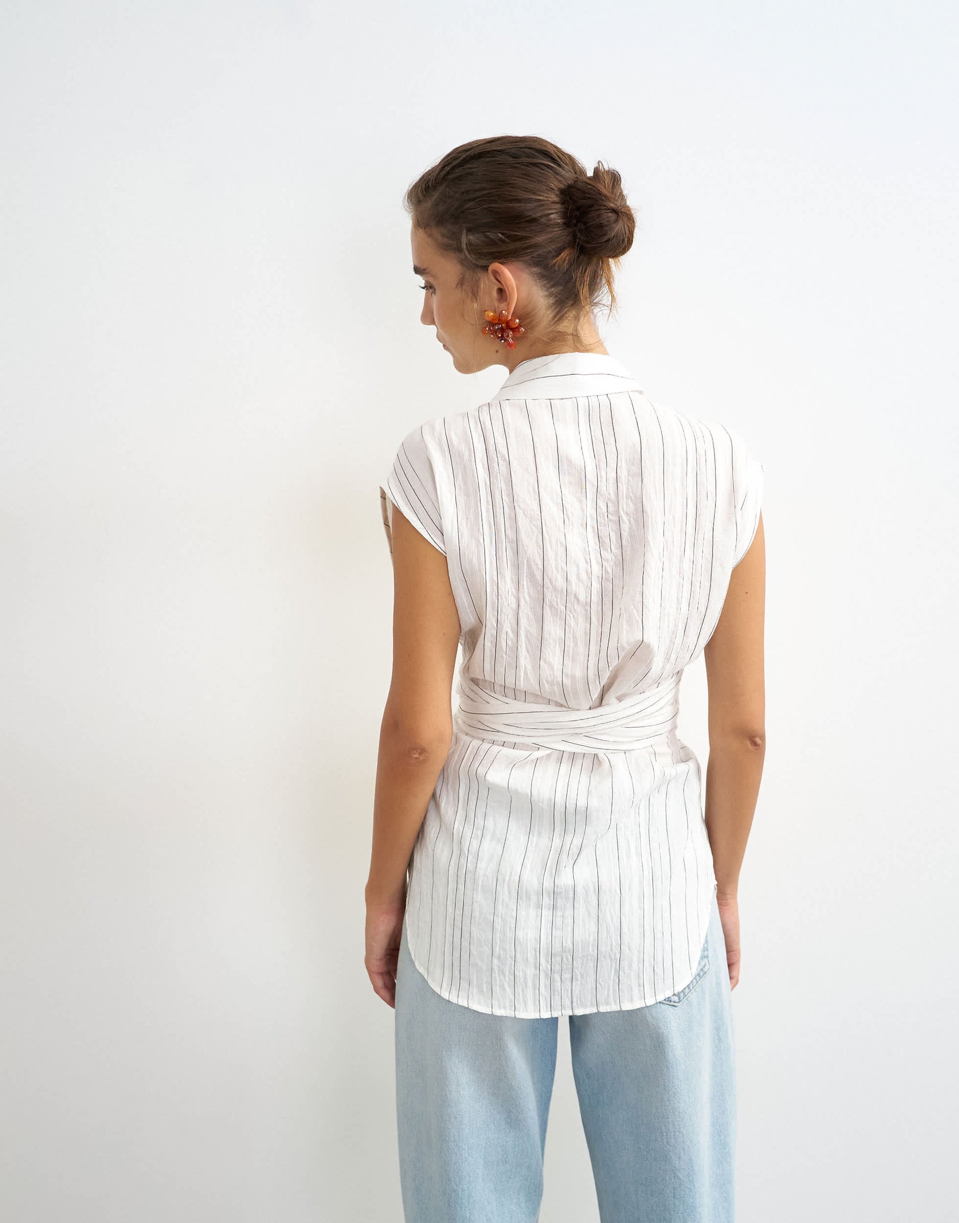 Topshop tie waist sleeveless shirt in white stripe