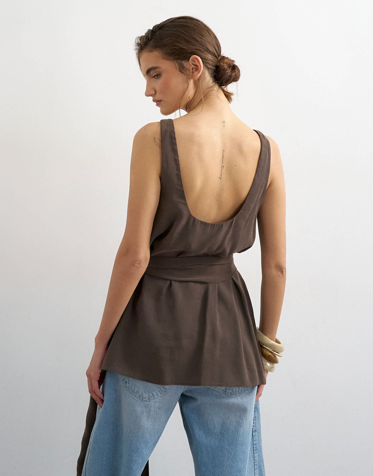 Topshop tie waist scoop cami in chocolate