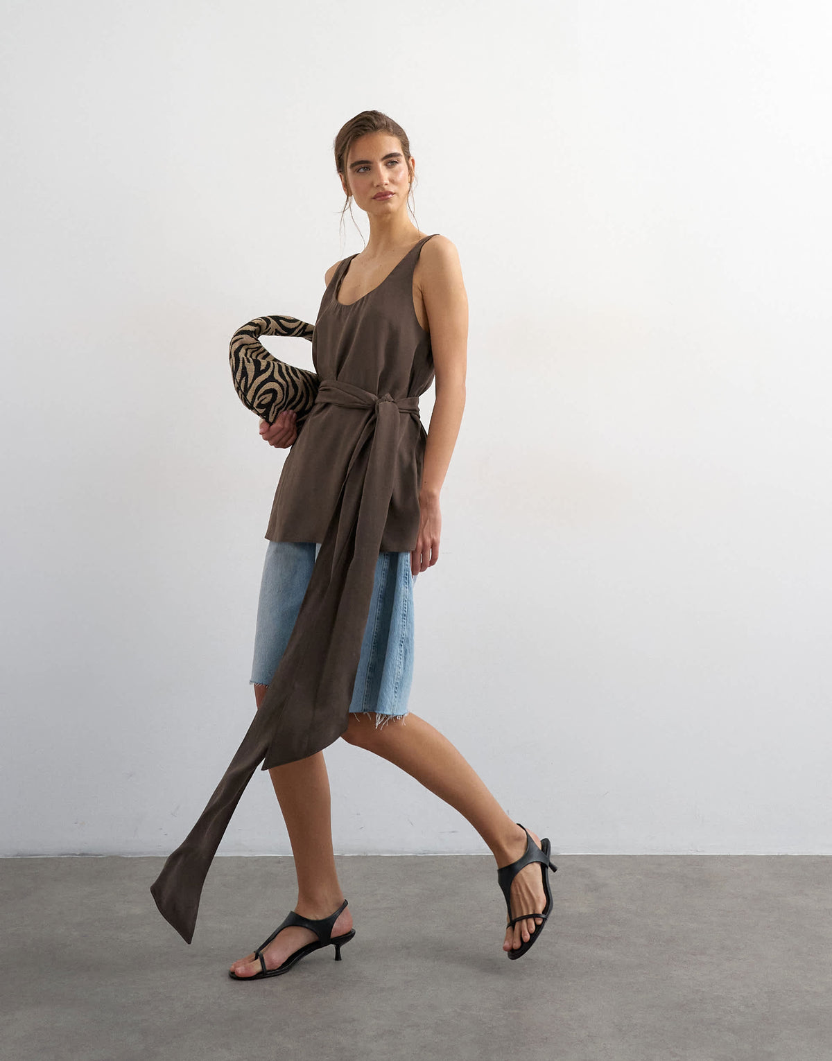 Topshop tie waist scoop cami in chocolate
