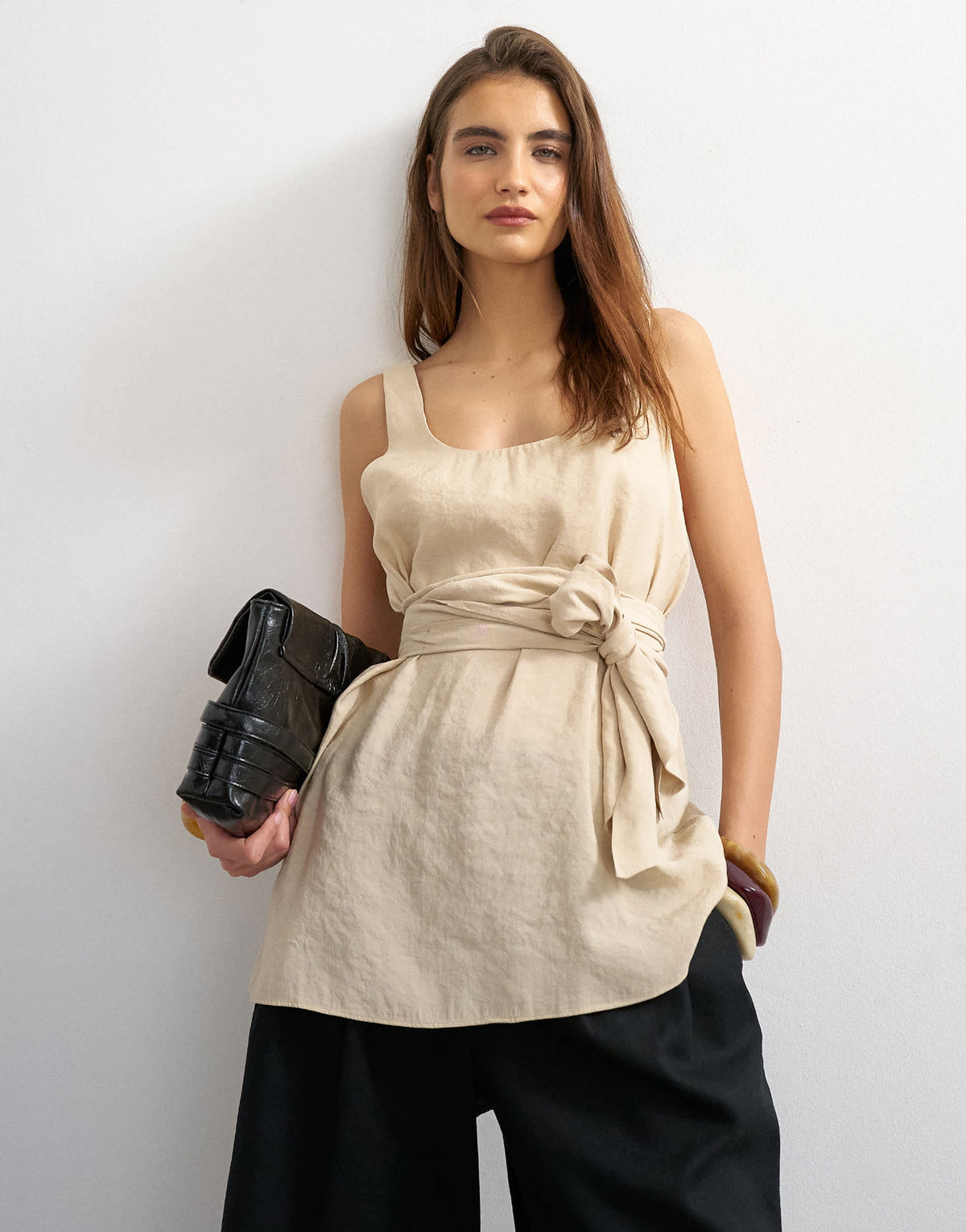 Topshop tie waist scoop cami in stone