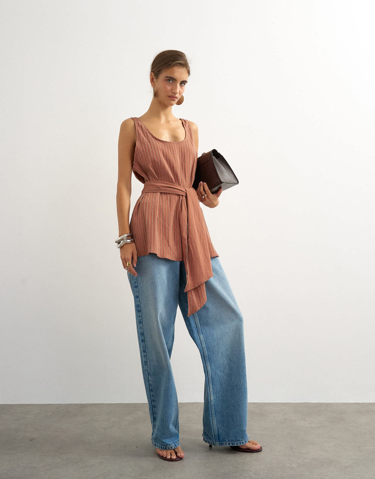 Topshop tie waist scoop cami in rust stripe