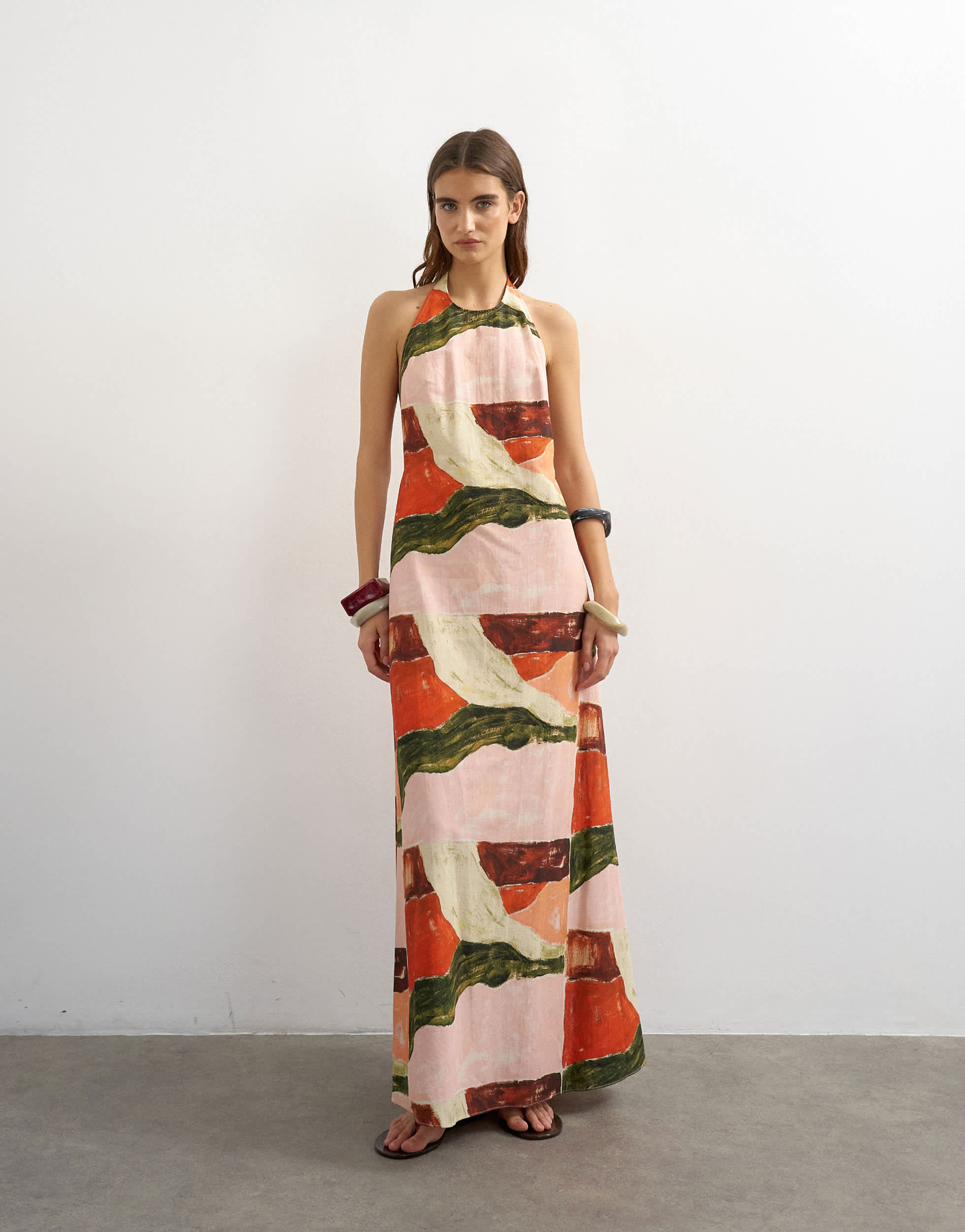 Topshop halter neck low back maxi dress in abstract print