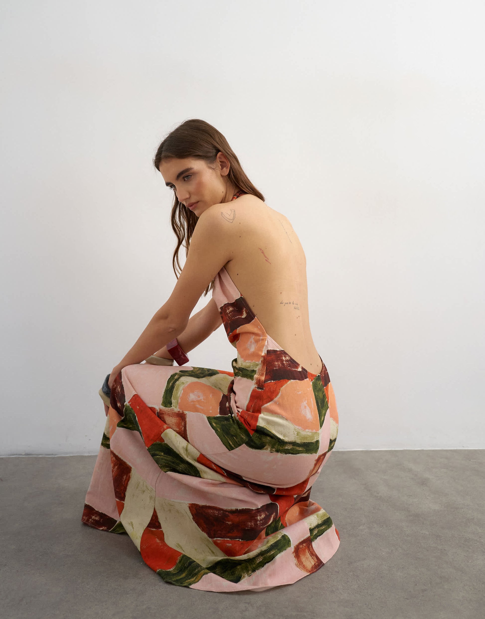Topshop halter neck low back maxi dress in abstract print