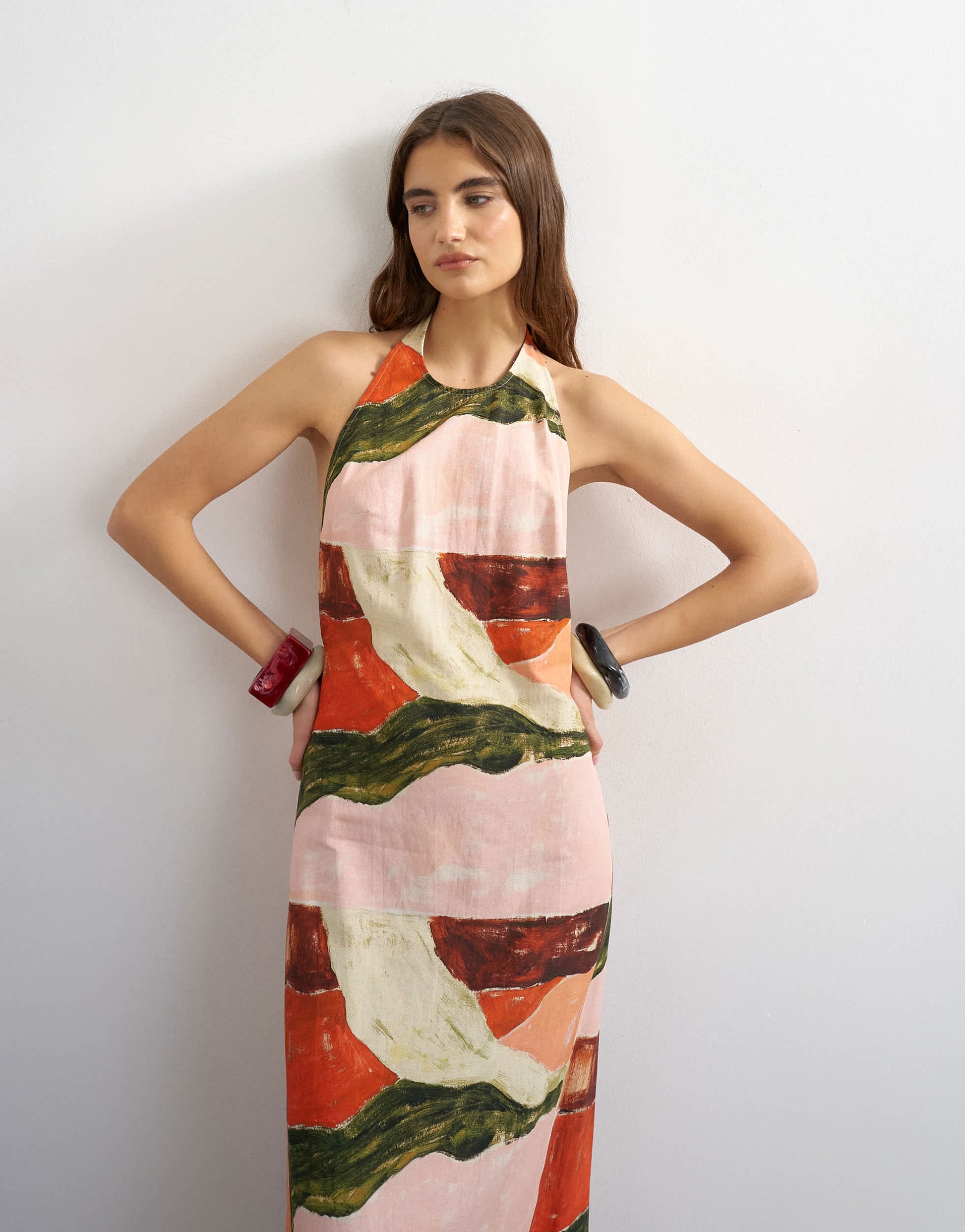 Topshop halter neck low back maxi dress in abstract print