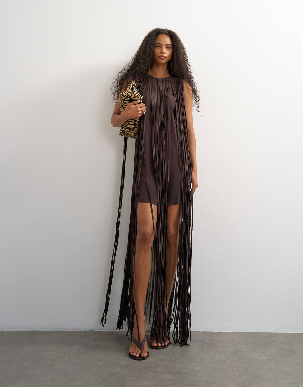 Topshop premium satin fringed maxi dress in dark chocolate