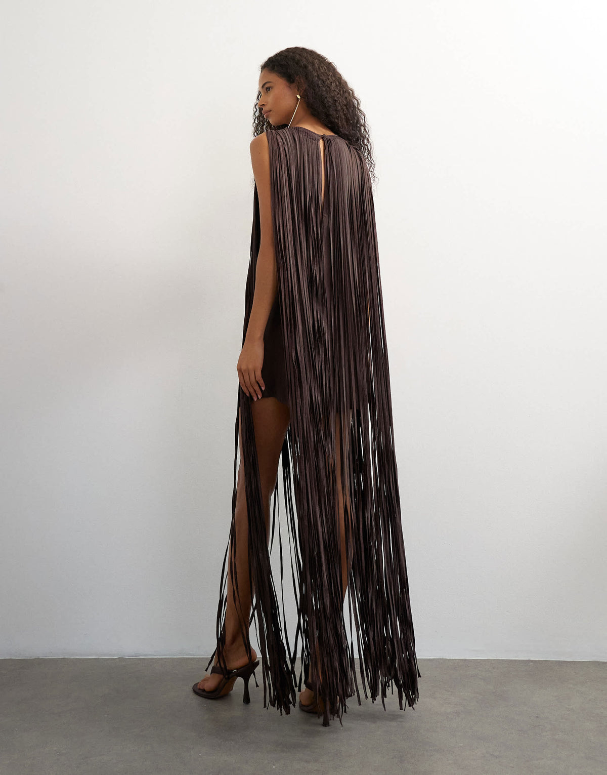 Topshop premium satin fringed maxi dress in dark chocolate