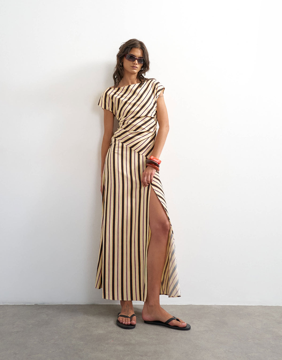 Topshop linen rich fallen shoulder maxi dress in natural stripe
