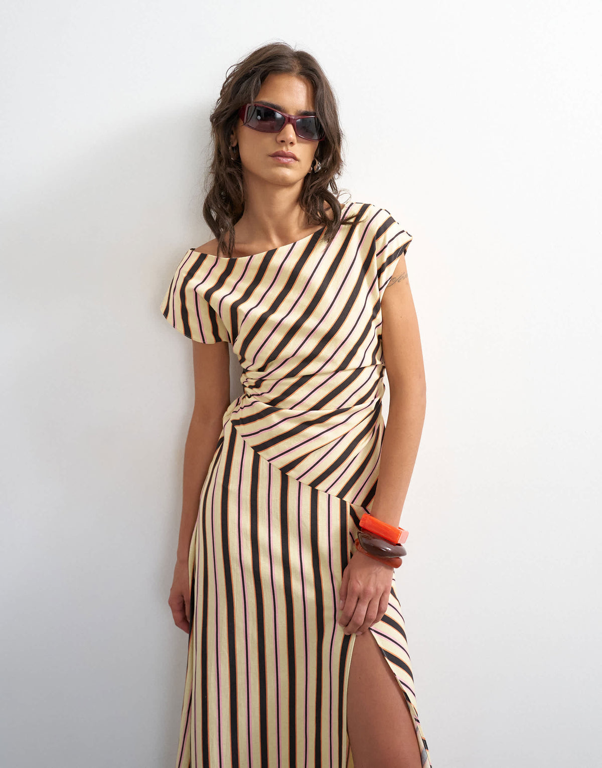 Topshop linen rich fallen shoulder maxi dress in natural stripe