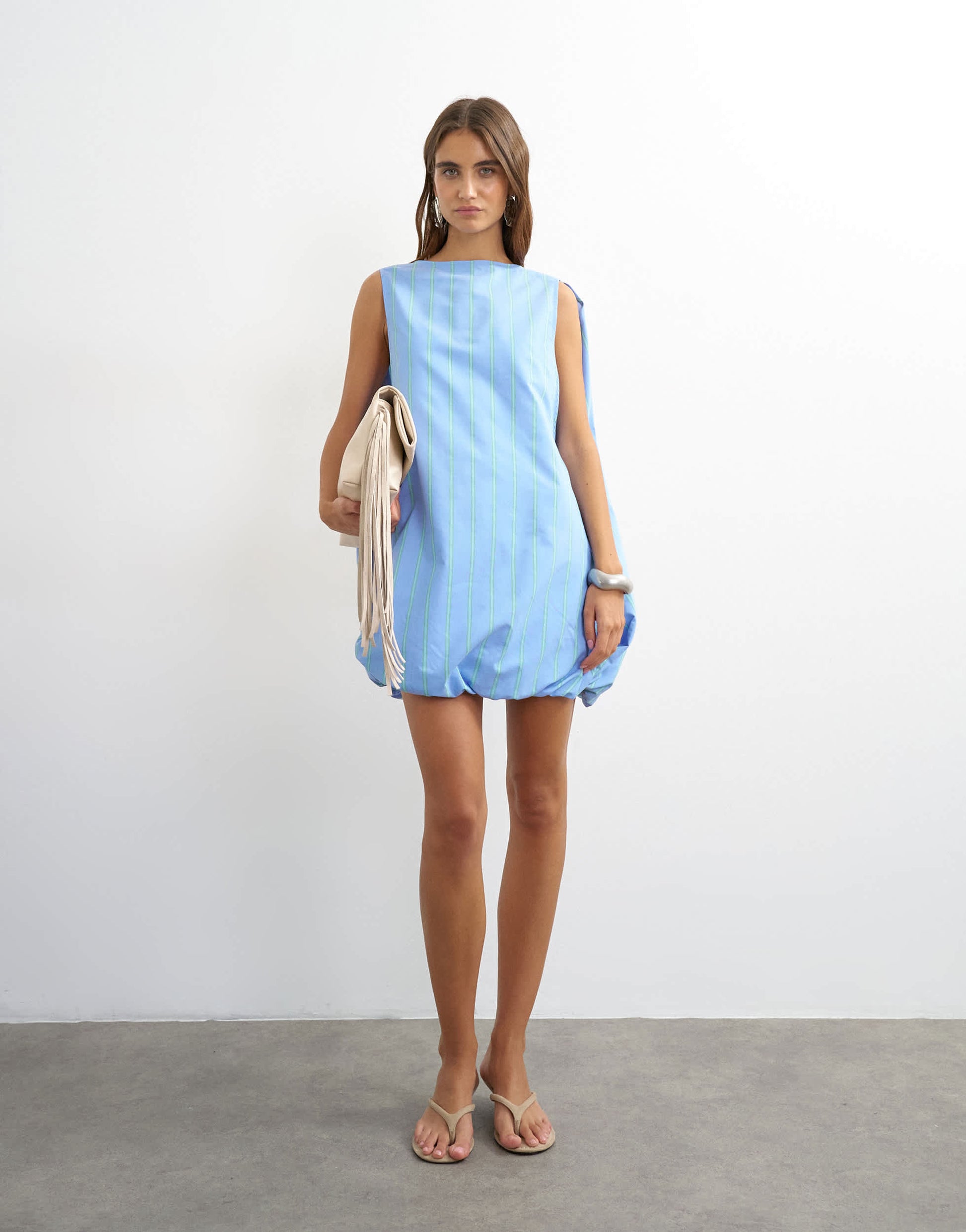 Topshop cotton bubble cape mini dress in woven blue and mint stripe