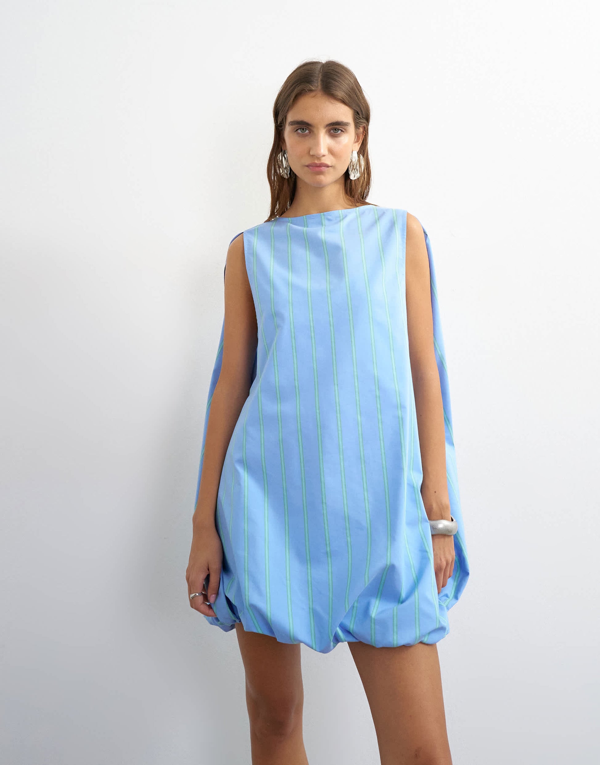 Topshop cotton bubble cape mini dress in woven blue and mint stripe