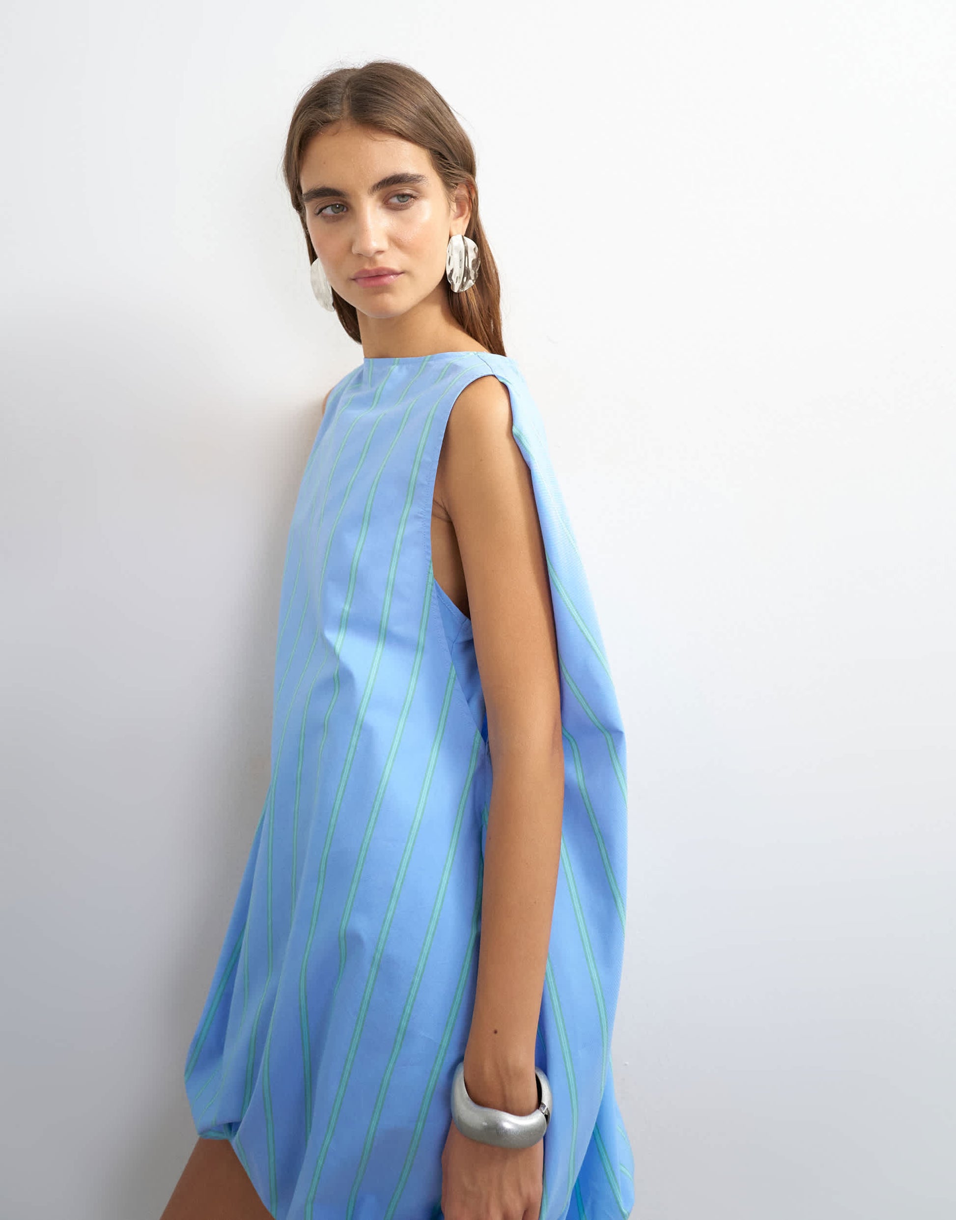 Topshop cotton bubble cape mini dress in woven blue and mint stripe