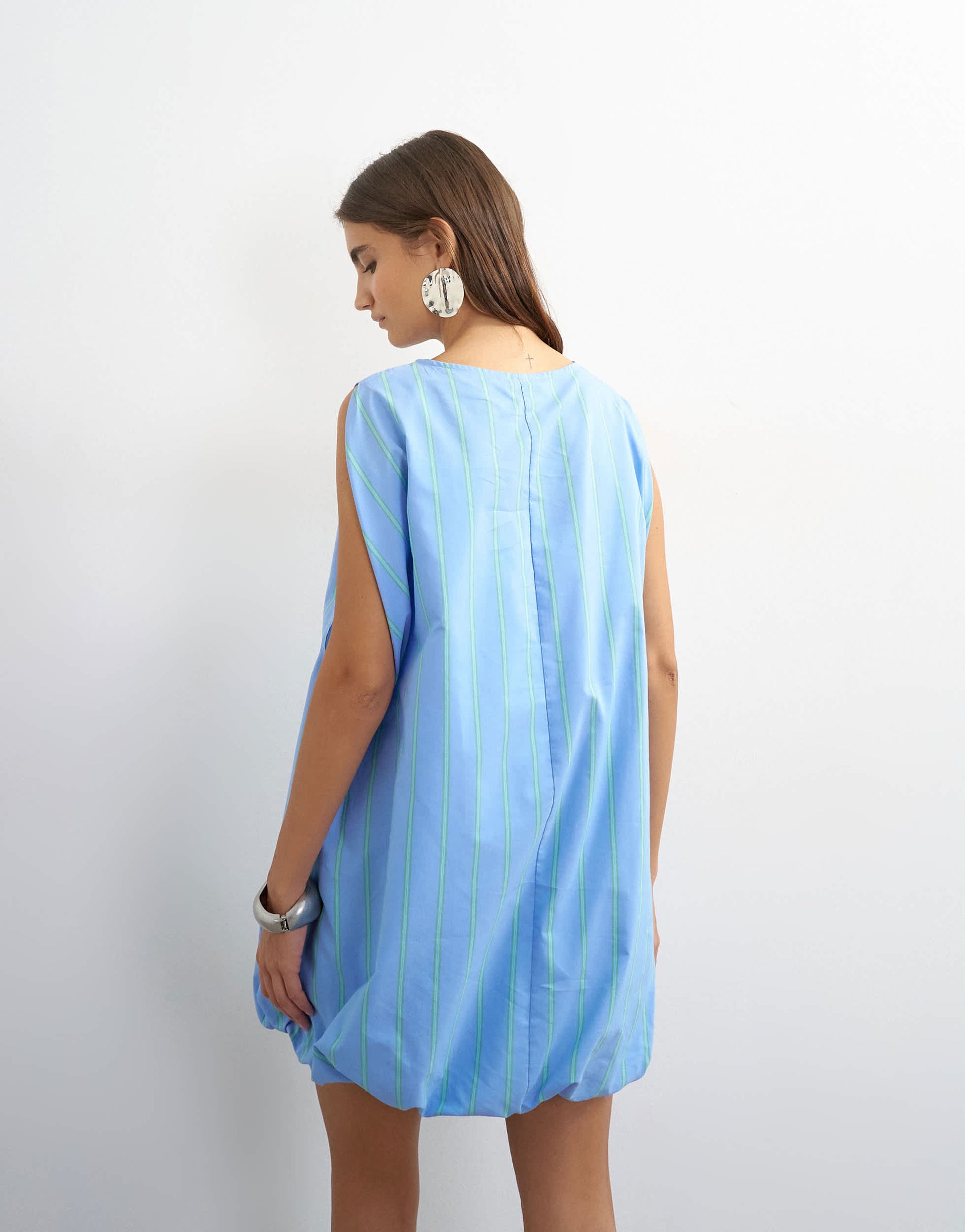 Topshop cotton bubble cape mini dress in woven blue and mint stripe